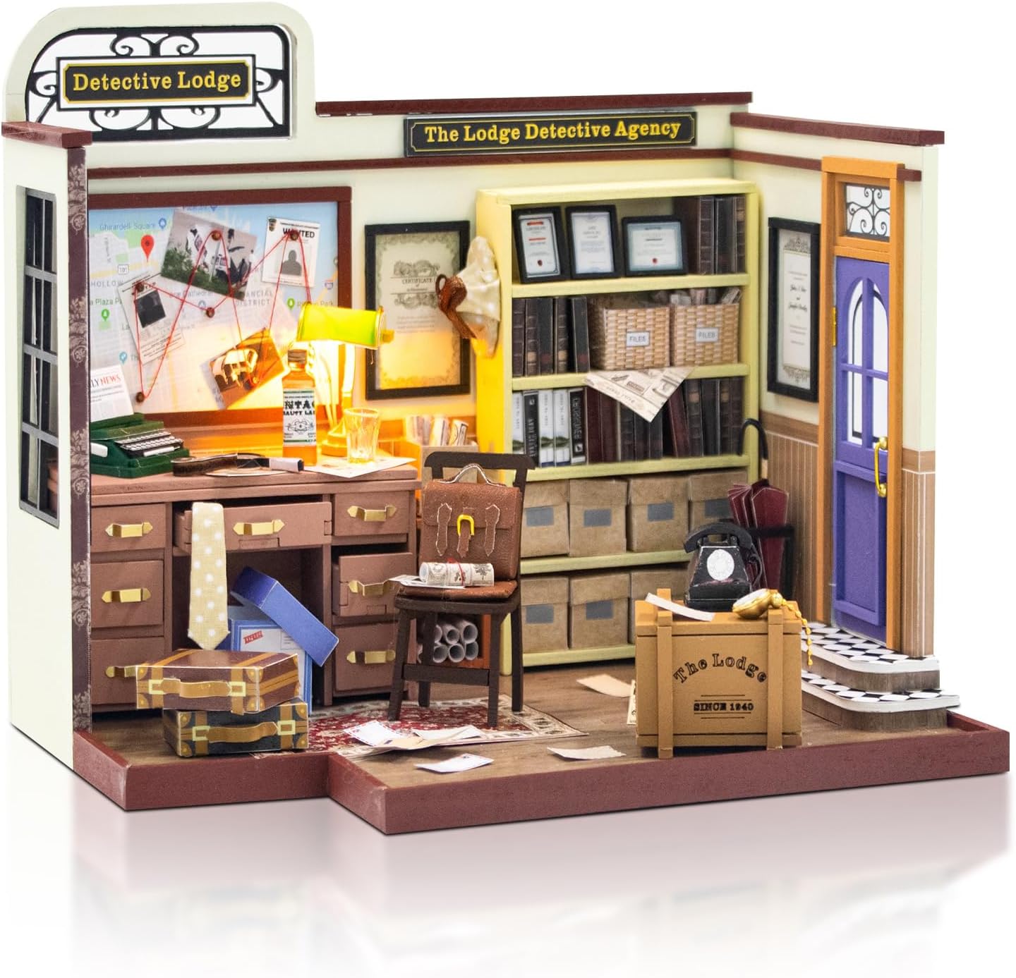 Cuteefun DIY Miniature House Kits, Wooden Dollhouse with LED, Tiny House Kit for Adults to Building, Unique Gift for Birthday Christmas' Day(Detective Hut)