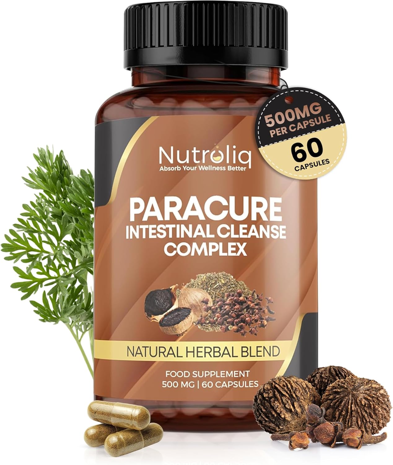 Nutroliq ParaCure Intestinal Cleanse Complex - Dietary Supplement with Organic Wormwood Black Walnut and Clove Extract - Natural Herbal Blend for Digestive Wellness - 1000mg per Serving - 60 Capsules