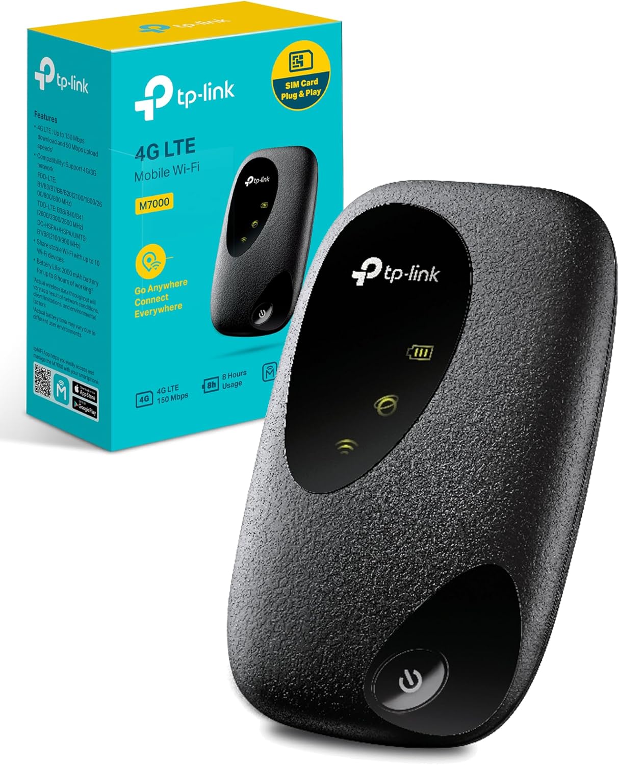 TP-Link M7000 4G MiFi, Portable Travel WiFi, Low Cost Unlocked LTE Cat4 Mobile Hotspot Dongle, Caravan WiFi with SIM Card Slot, High Global Compatibility, Easy App Management