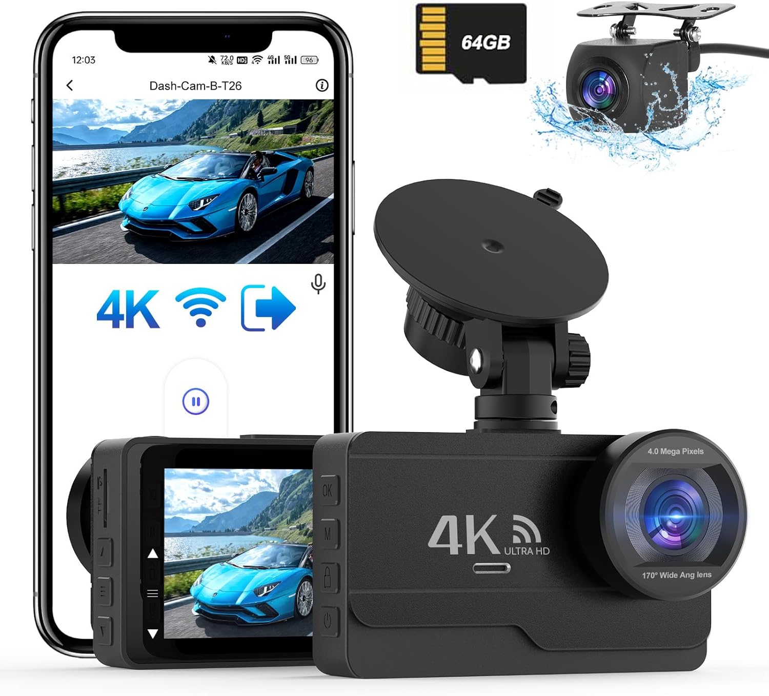 DYNACAM 4K/2K+1080P Dash Cam Front and Rear, WiFi Dashcam Free 64GB Card,170°Wide Angle,Dual Dash Cam G-Sensor, Car Camera APP Control,WDR Night Vision,Car on-dash Mounted Cameras,Support 256GB Max