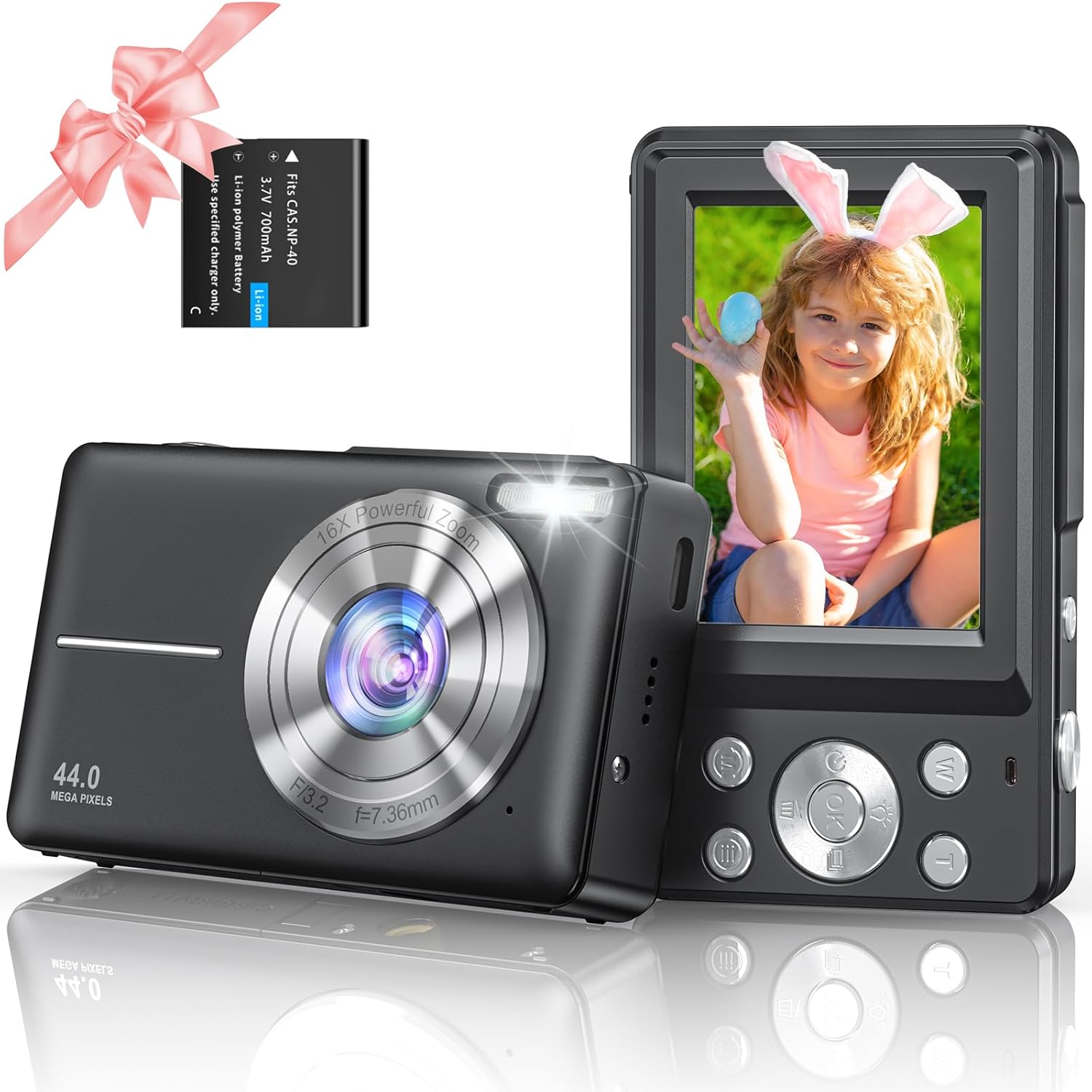 Digital Camera 1080P FHD 44MP with 2.4" LCD Display, Anti Shake, 16X Digital Zoom Compact Vlogging Camera for Children, Teenagers (No card)