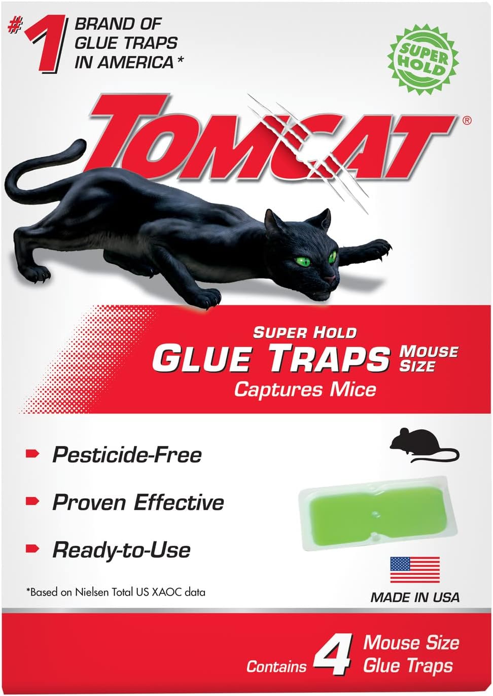 Tomcat Super Hold Glue Traps Mouse Size for Mice, Cockroaches, Spiders, and Scorpions, Ready-To-Use, 4 Traps