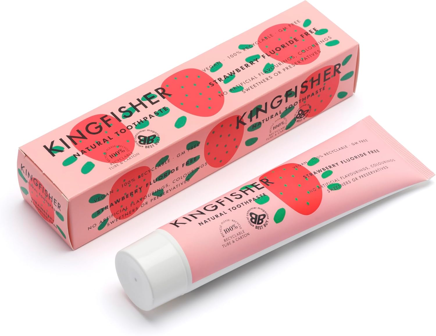 Kingfisher Natural Toothpaste Strawberry Fluoride-Free | Suitable for Vegetarians & Vegans | Gluten-Free & GM-Free | Ethical Consumer Best Buy | 1 x 100ml Tube