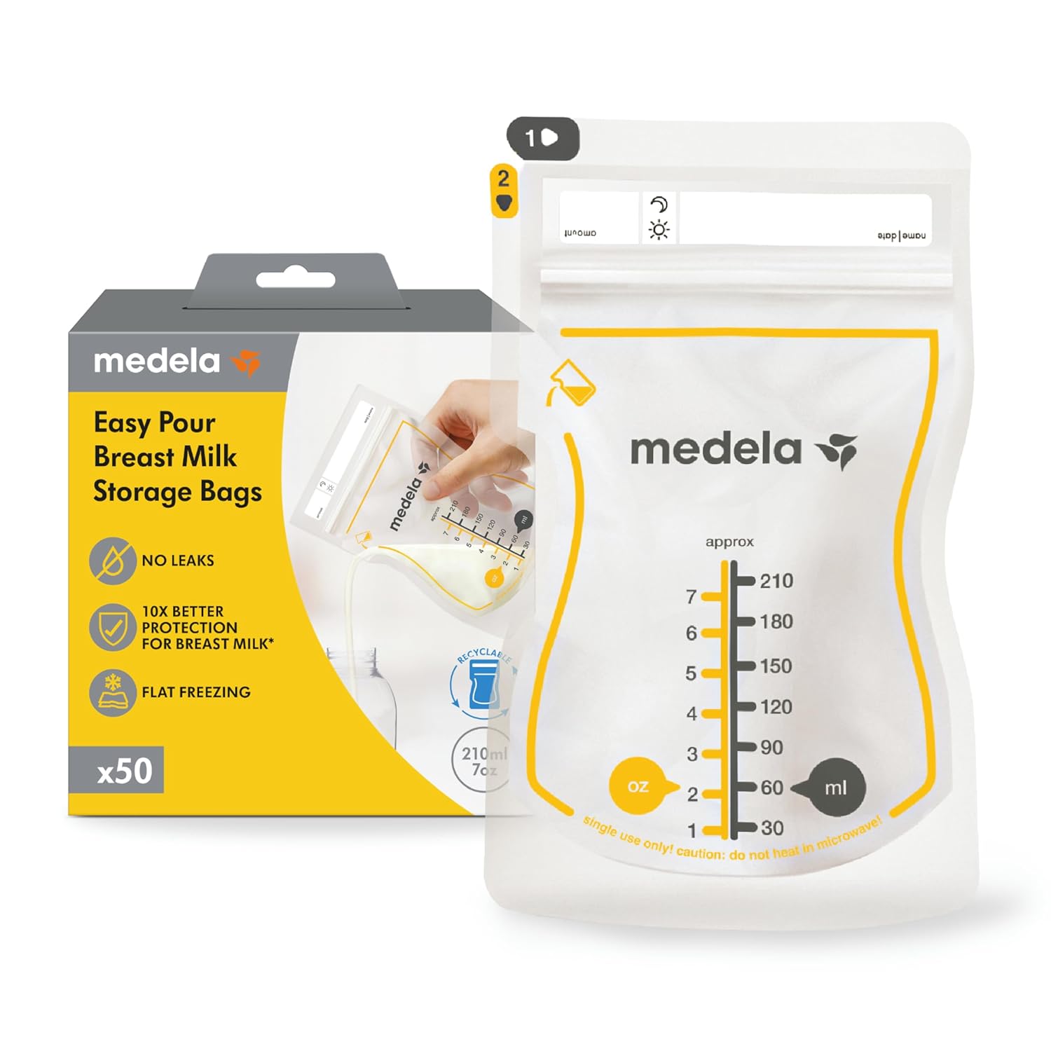 Medela Easy Pour Breastmilk Storage Bags | 50 Count 210ml | Disposable Leakproof Breast Milk Bags with Milk Protection | Recyclable & BPA Free
