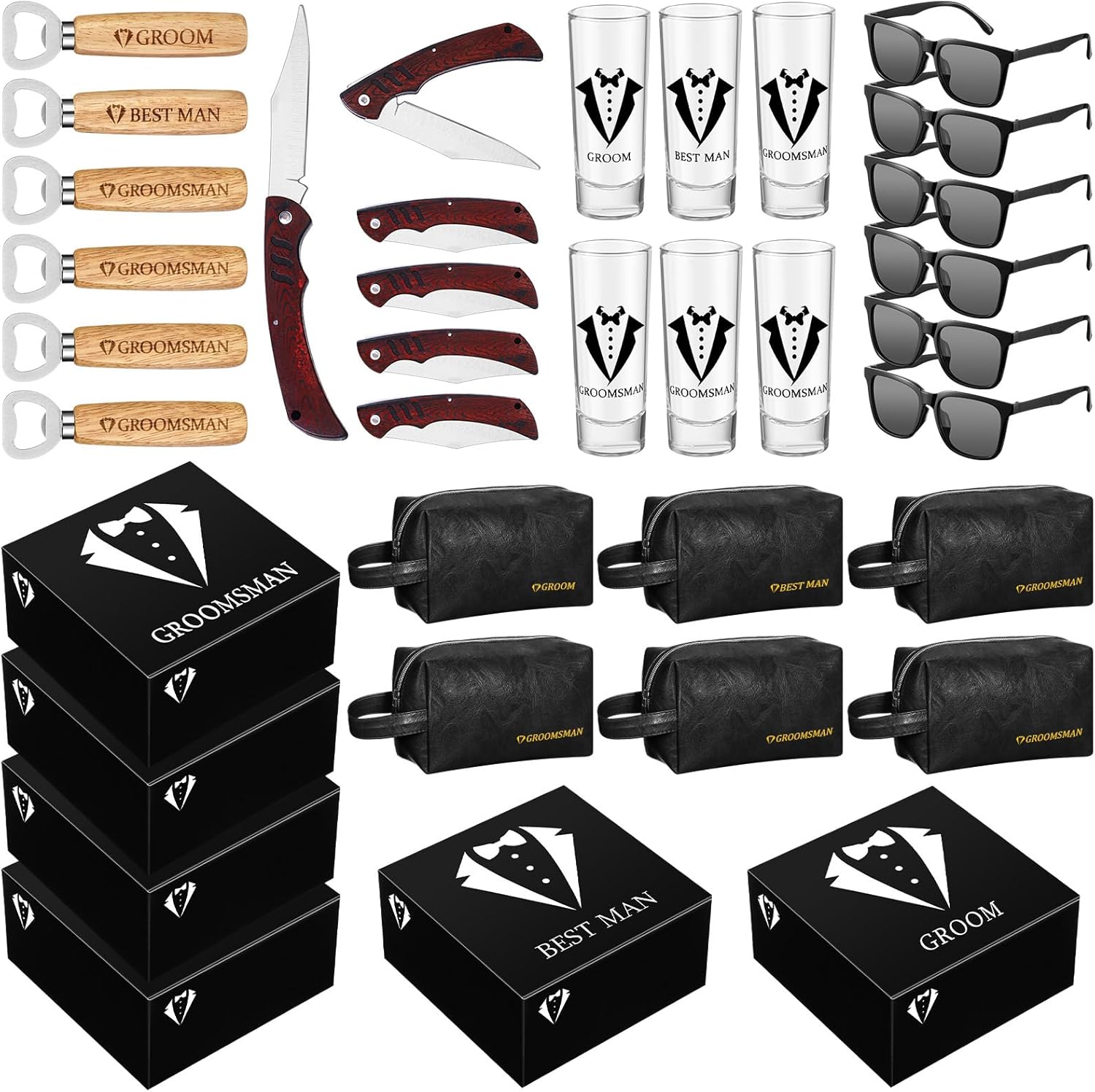 Yungyan 36 Pieces Groomsmen Gifts Set of 6, Groomsmen Proposal Box with Shot Glasses Sunglasses PU Leather Toiletry Bag Wood Folding Knife Bottle Opener Wedding Gift(Black)