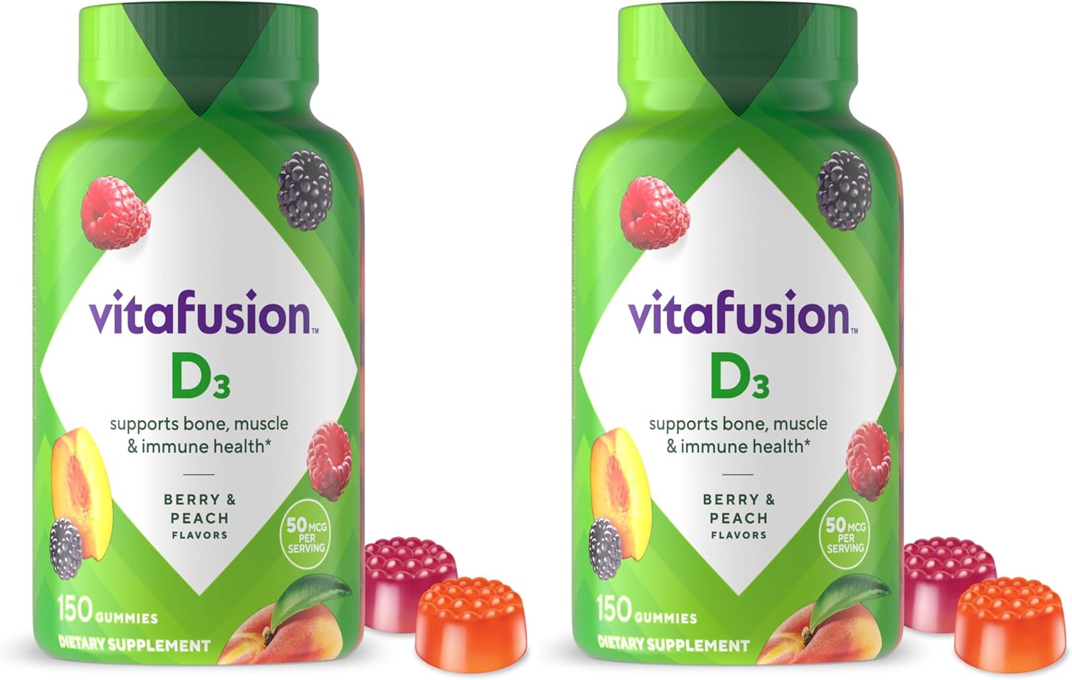 Vitafusion Vitamin D3 Gummies,Bone and Immune Support,Peach,BlackBerry,Strawberry Flavored,50 mcg D3 Gummy Vitamin Supplement,75 Day Supply,150 Count (Pack of 2)