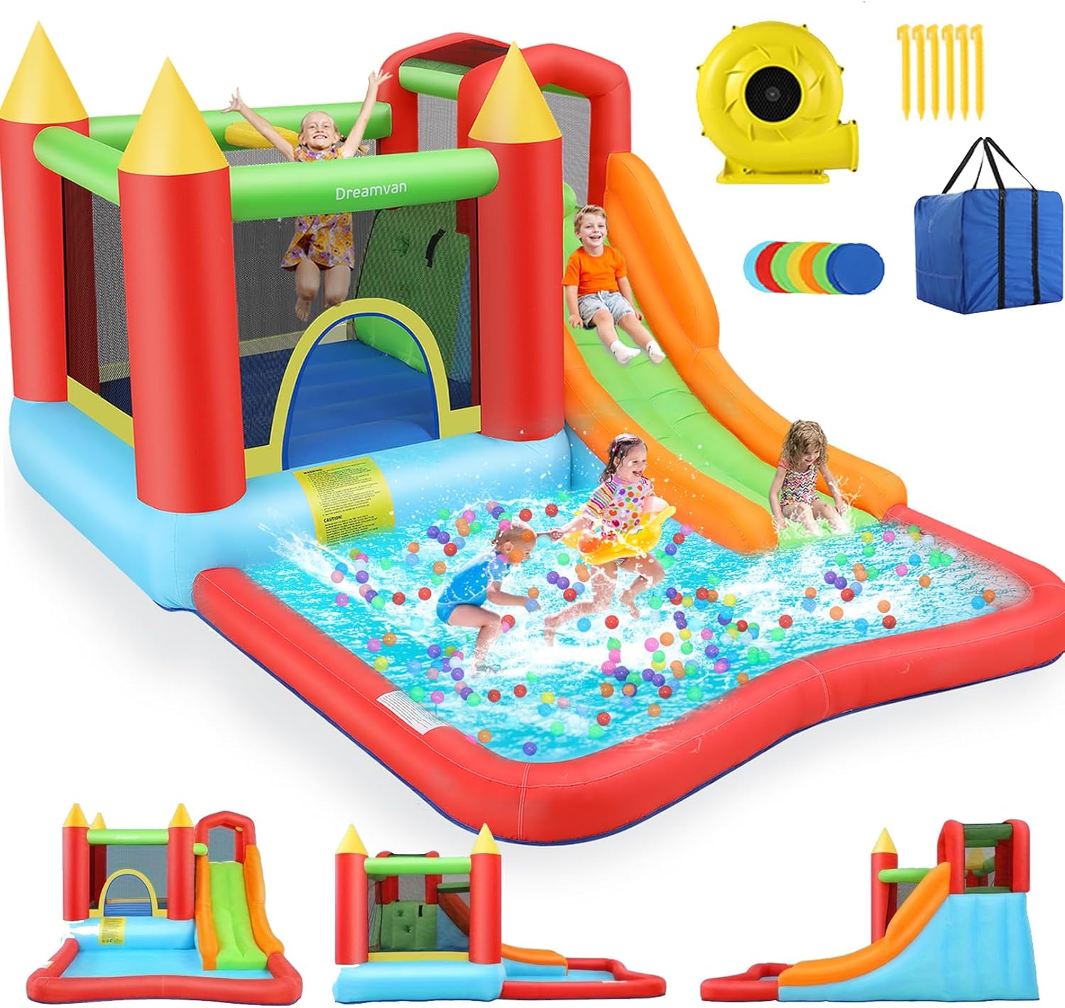 AKEYDIY Inflatable Bounce House for Kids, Fun Jumping Area with Basketball Hoop, Large Pool, Long Slide with Climbing Wall Bouncy House with Air Blower Outdoor Backyard