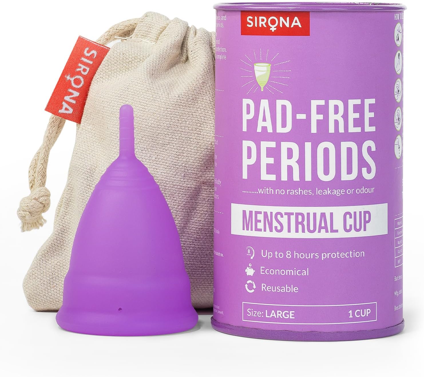 Sirona Reusable Menstrual Cup - Large Size | Ultra-Soft, Odor-Free, Rash-Free Medical-Grade Silicone with Pouch | Leak-Proof Period Cup for Heavy & Light Flow | Tampon & Pad Alternative | Pack of 1