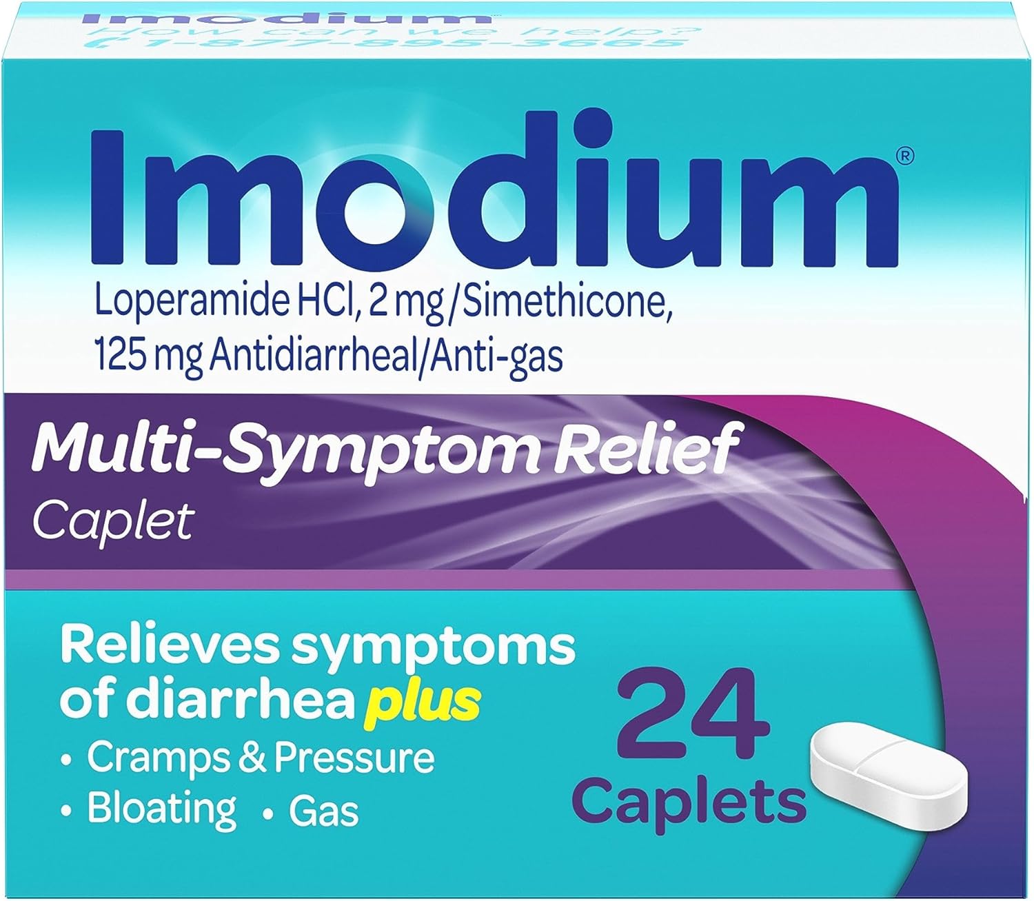Imodium Multi-Symptom Relief Caplets with Loperamide Hydrochloride and Simethicone, Anti-Diarrheal Medicine for Treatment of Diarrhea, Gas, Bloating, Cramps & Pressure, 24 ct.