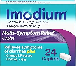 Imodium Multi-Symptom Relief Caplets with Loperamide Hydrochloride and Simethicone, Anti-Diarrheal Medicine for Treatment of Diarrhea, Gas, Bloating, Cramps & Pressure, 24 ct.