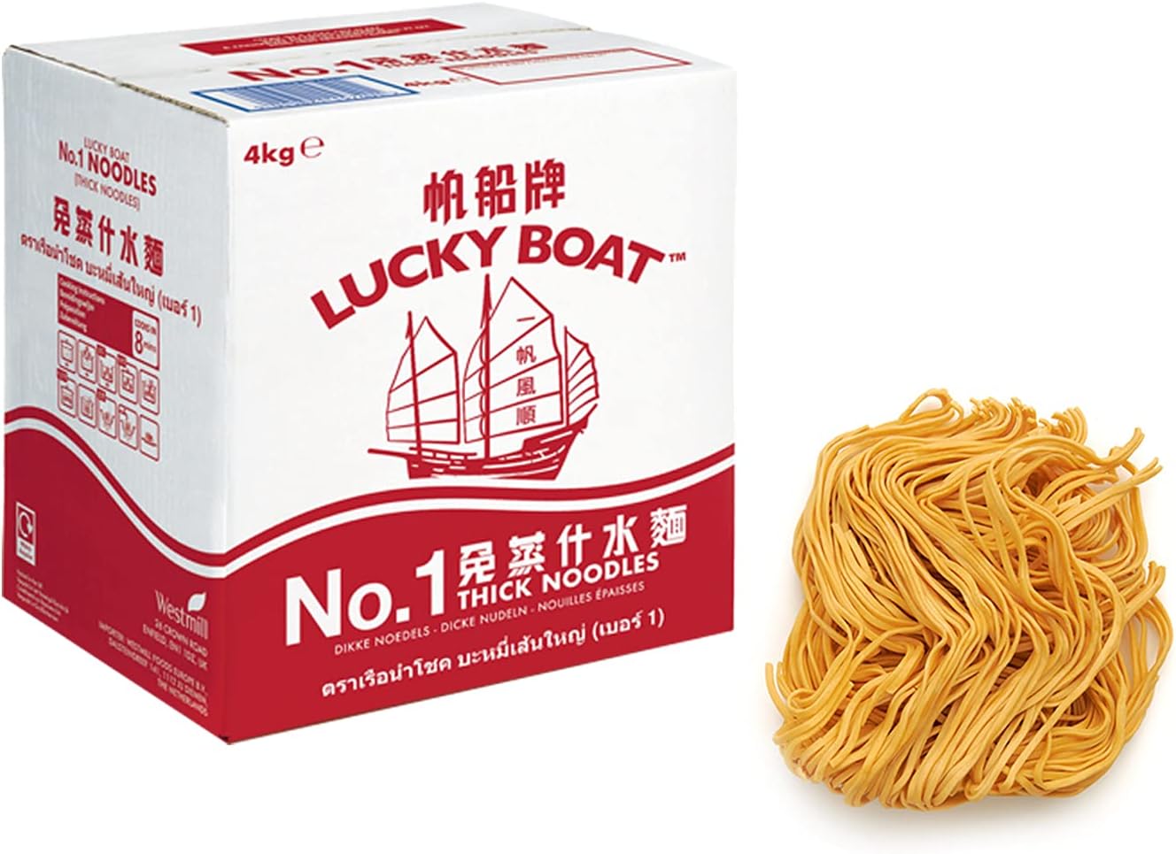 LUCKY BOAT Thick Chow Mein Noodles 4KG | Restaurant Quality Noodles | No.1 Thick Noodles | Egg Free Noodles | Bulk Noodles | Stir-Fry | Noodles | Vegan | Wheat Noodles | Chinese Noodles | 4kg