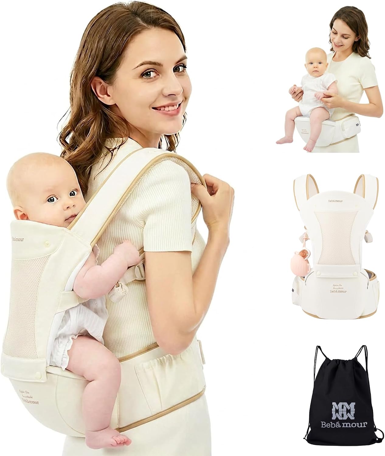 Bebamour Baby Carrier with Hip Seat, 6 Carrying Positions, Newborn to Toddler Baby Carrier 0-36 Months, Adjustable Waist & Padded Shoulder Straps, Head Hood, Pacifier Case & Teething Pads (Beige)