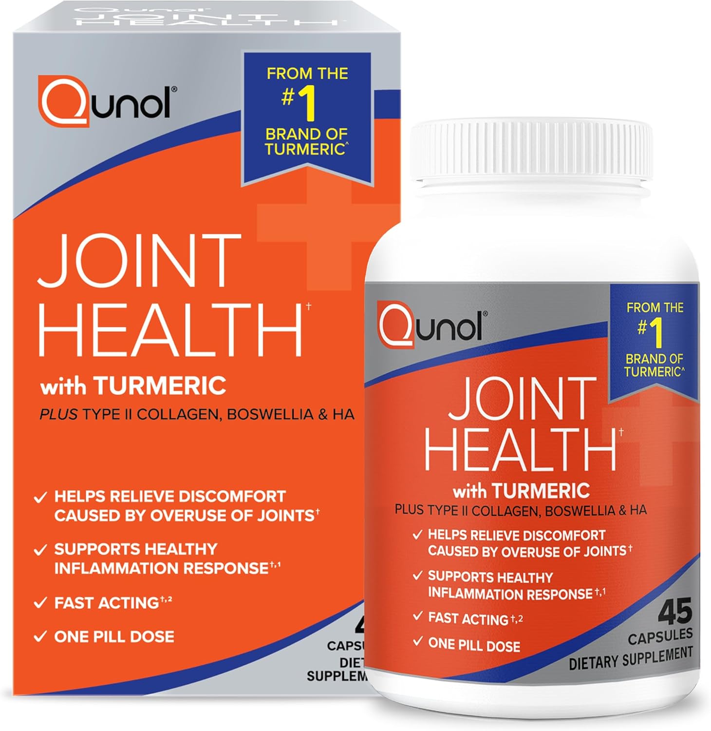 Qunol 5-in-1 Joint Support Supplement, Fast Acting, One Pill Dose, Support Healthy Inflammation Response & Discomfort Caused by Overuse of Joints, Alternative to Glucosamine Chondroitin MSM, 45 Count