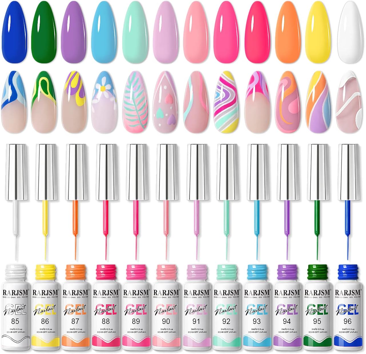 RARJSM Gel Liner Nail Art Polish Set,12 Colors Sweet Candy Pastel Painting Gel Spring Summer Built in Thin Skinny Nail Art Brush Soak Off Curing Needed 5ml for Home Salon Nail Design