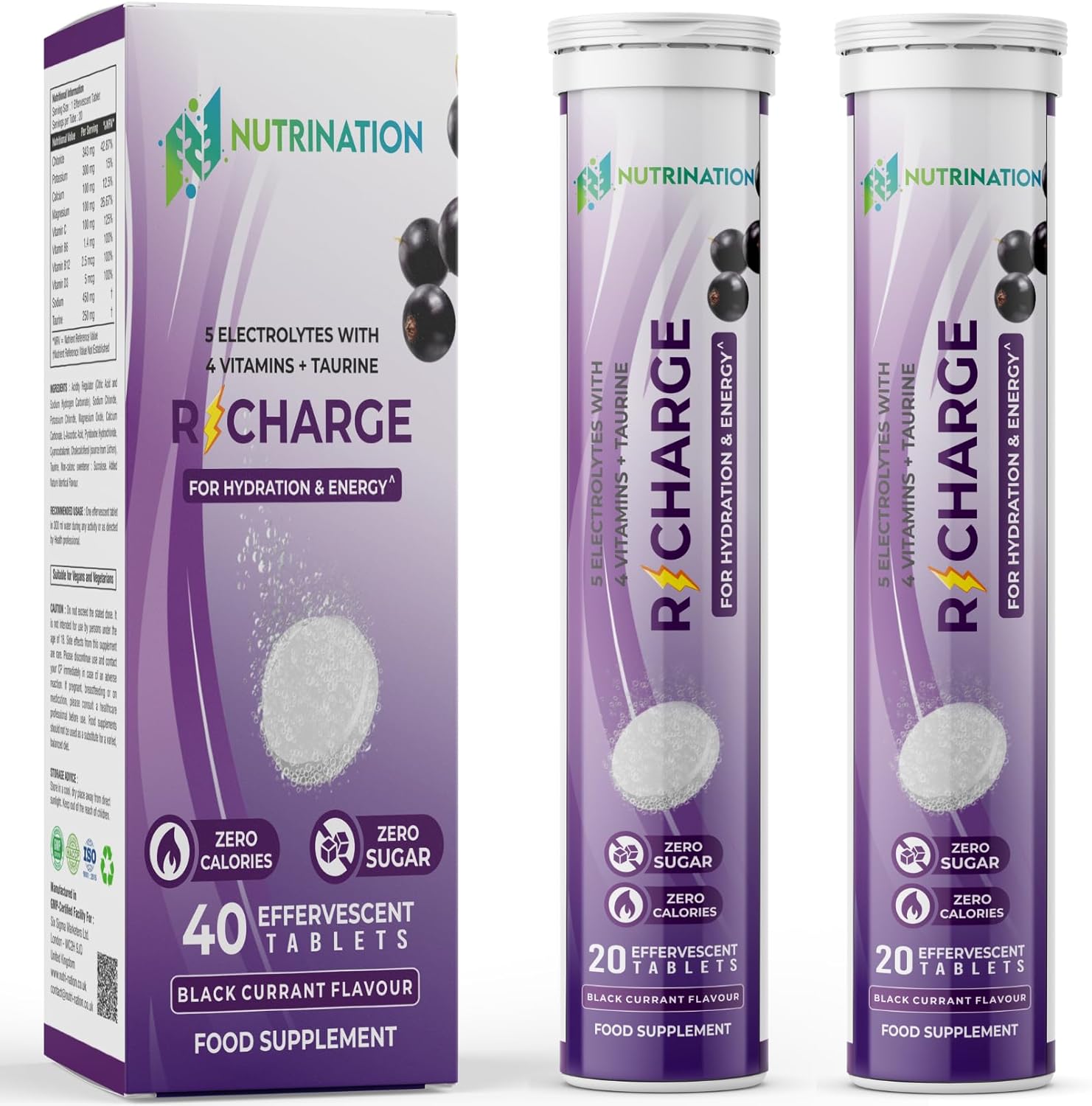Electrolytes Hydration Tablets | 40 Effervescent Rehydration Tablets | 5 High Strength Electrolytes with Added Vitamin B6, B12, C & D | 250mg Taurine for Energy | Black Currant Flavour