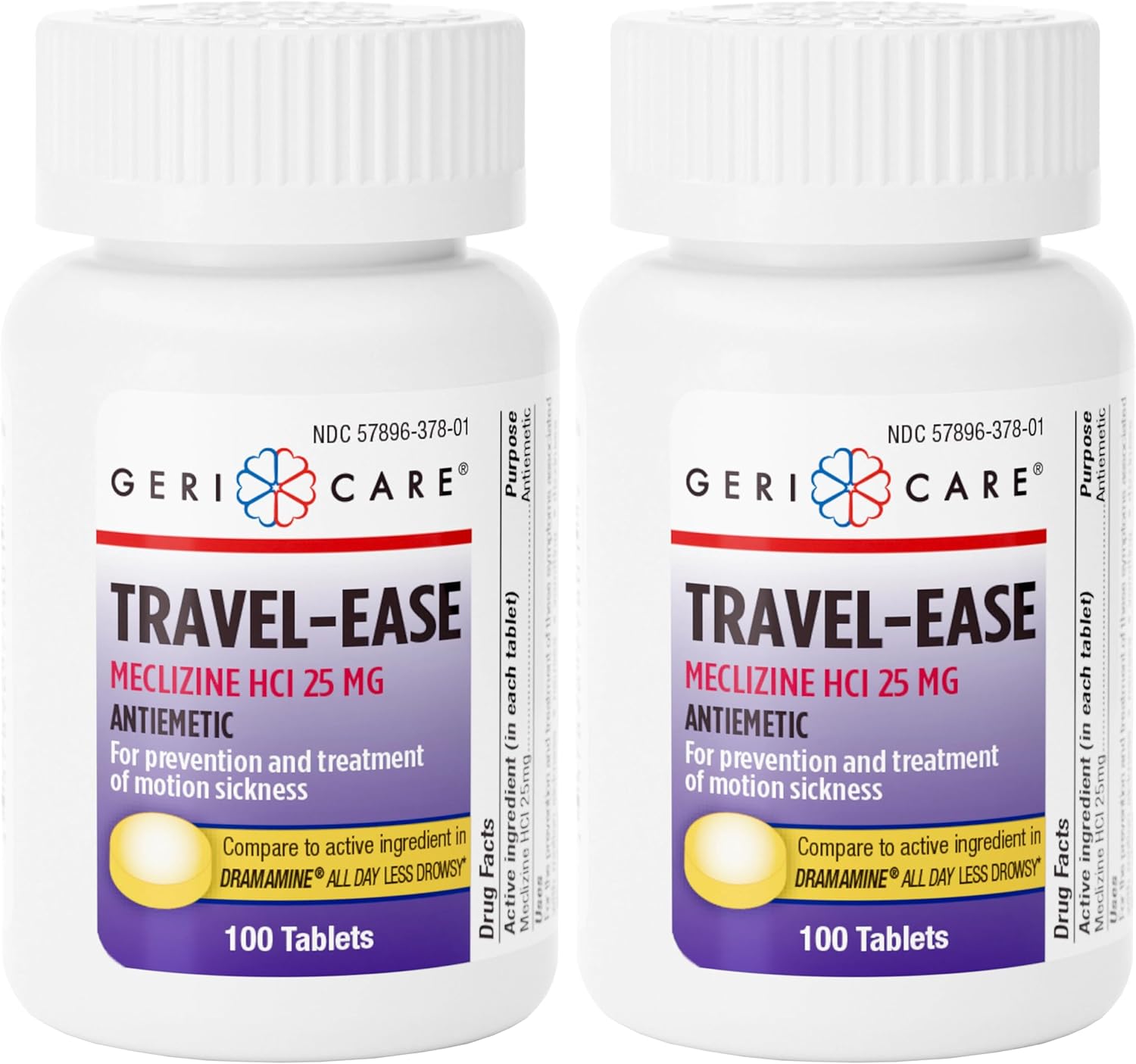 GeriCare Meclizine HCI 25mg Antiemetic Travel-Ease Tablets, Prevents and Treats Motion Sickness, Nausea Relief, 100 Count (Pack of 2)