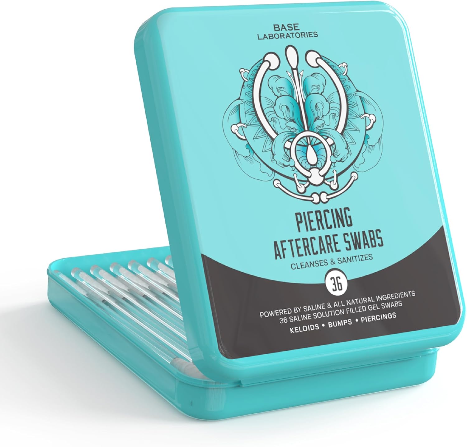BASE LABORATORIES Base Labs Piercing Aftercare Swabs for Piercing Bump Treatment Earring Cleaner for Pierced Ears, Nose Piercing Aftercare Keloid Bump Removal 40 Saline Cleaning Solution Buds