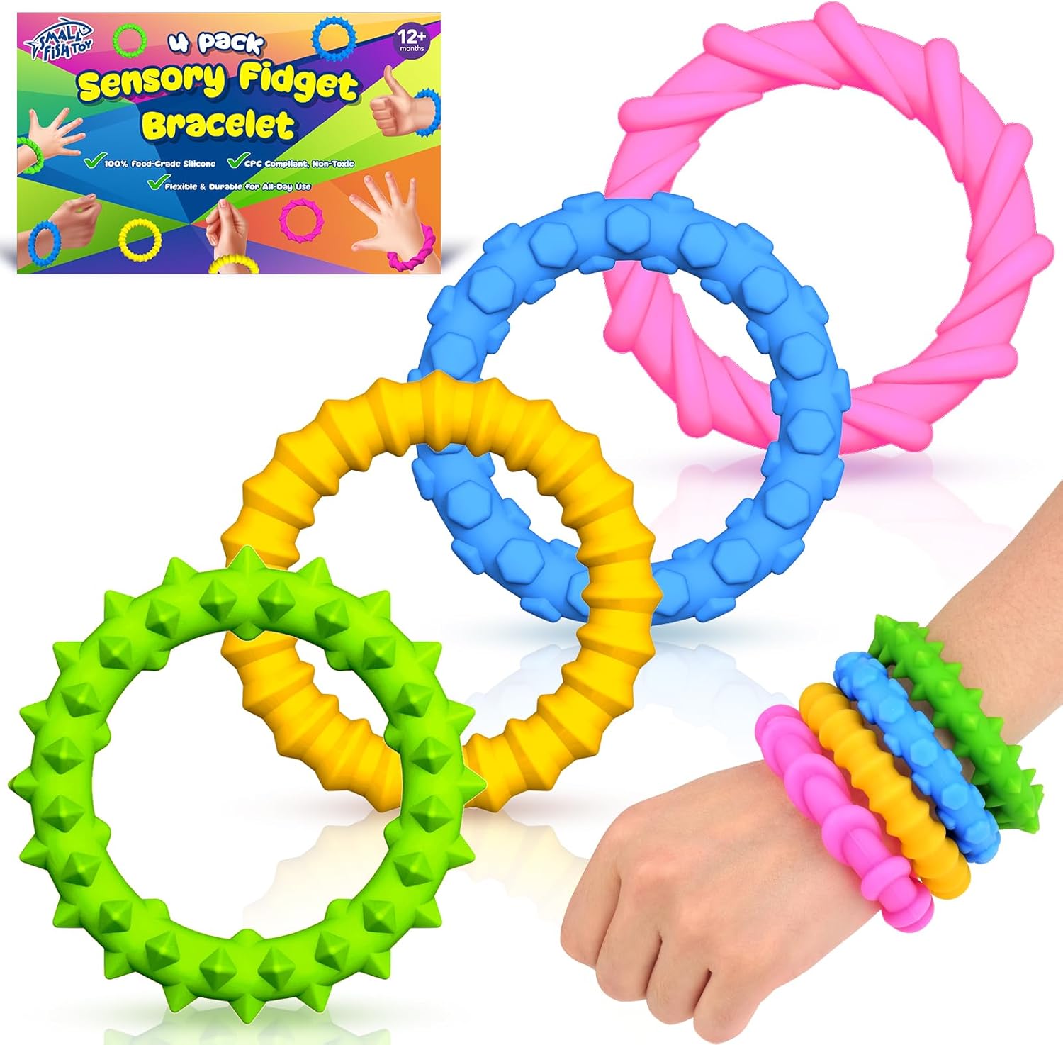 Sensory Fidget Toys Kids Toddlers - 4 Pack Chew Sensory Rubber Bracelet | Calming Autism Quiet Fidgets & Texture Anxiety Silent Toys for Classroom Prizes | Gifts Christmas Stocking Stuffers for Kids