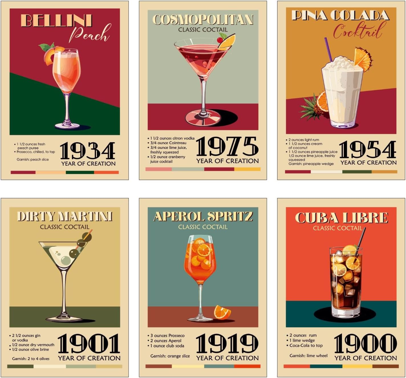 doodlecards Gallery Arts Set of 6 x A4 Size Retro Cocktails Set 3 Wall Art Posters Unframed Quality Prints
