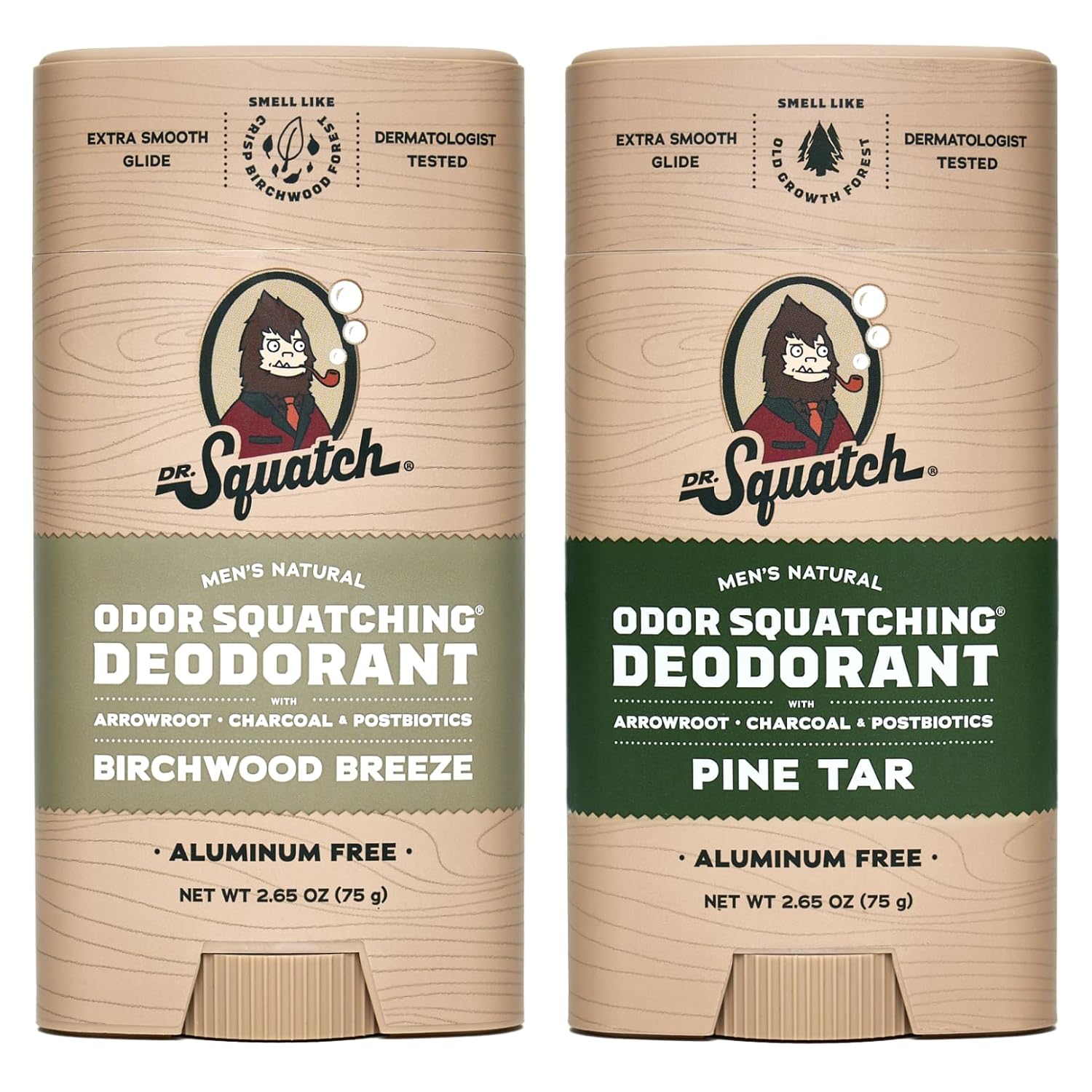 Dr. Squatch Natural Deodorant for Men – Odor-Squatching Men's Deodorant Aluminum Free - Pine Tar + Birchwood Breeze (2.65 oz, 2 Pack)