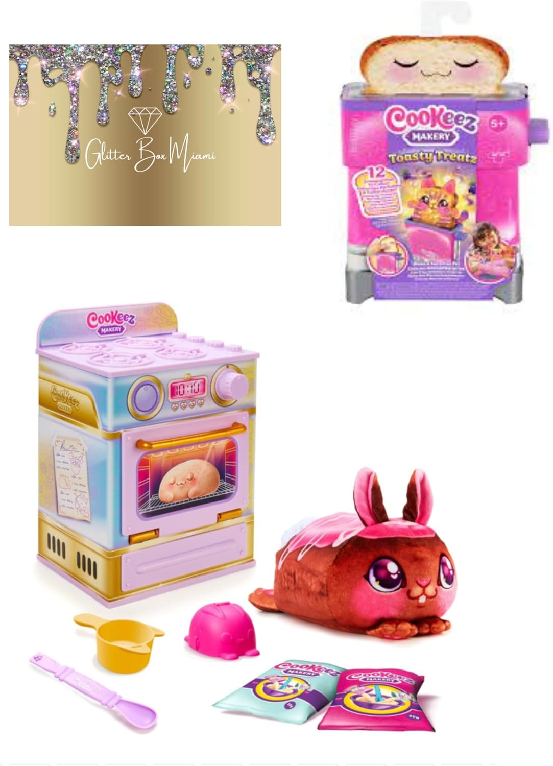 COOKEEZ MAKERY Exclusive Sweet TREATZ Oven Playset & Cookeez Makery Toasty Treatz Toaster with Scented Plushie Mix & Make a Plushie Best Buddy Bundle Includes Glitter Box Miami Easy Cleanup Mat