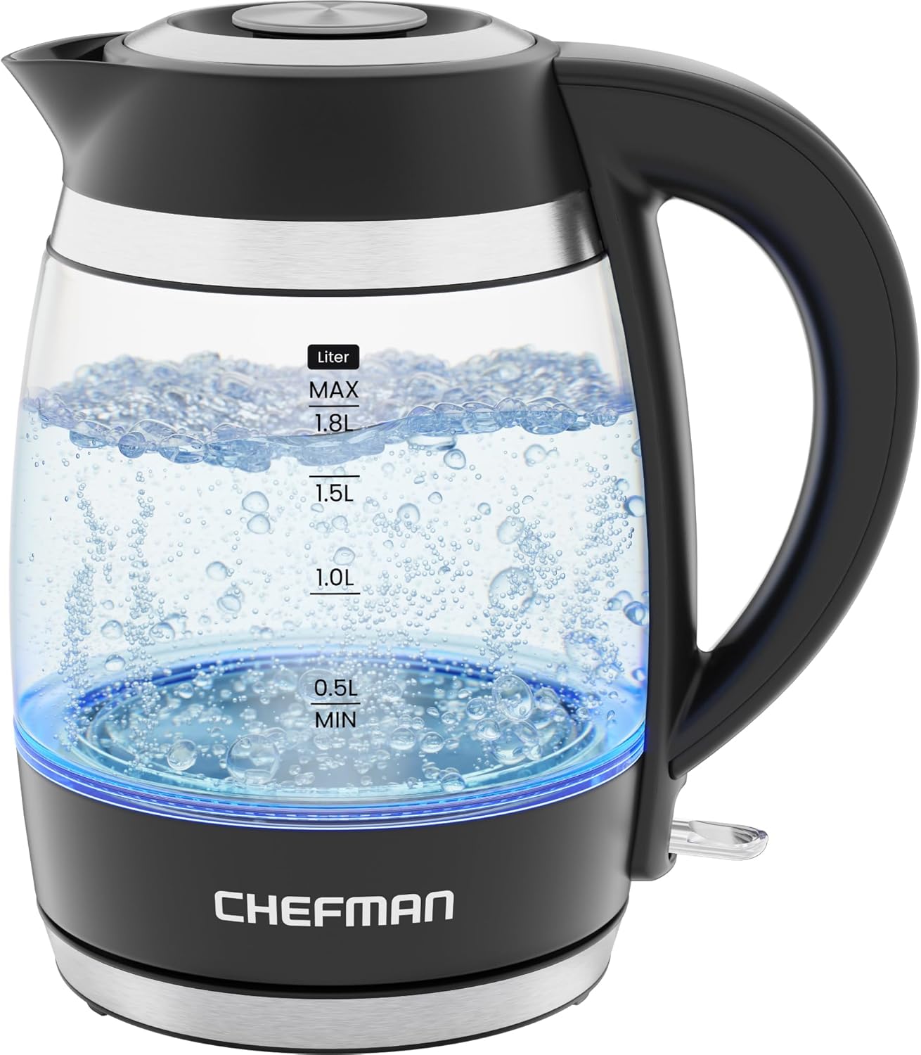 Chefman Electric Kettle, 1.8L 3000W, Hot Water Boiler, Removable Lid for Easy Cleaning, Auto Shut Off, Boil-Dry Protection, Stainless Steel Filter, BPA Free, Borosilicate Glass Electric Tea Kettle