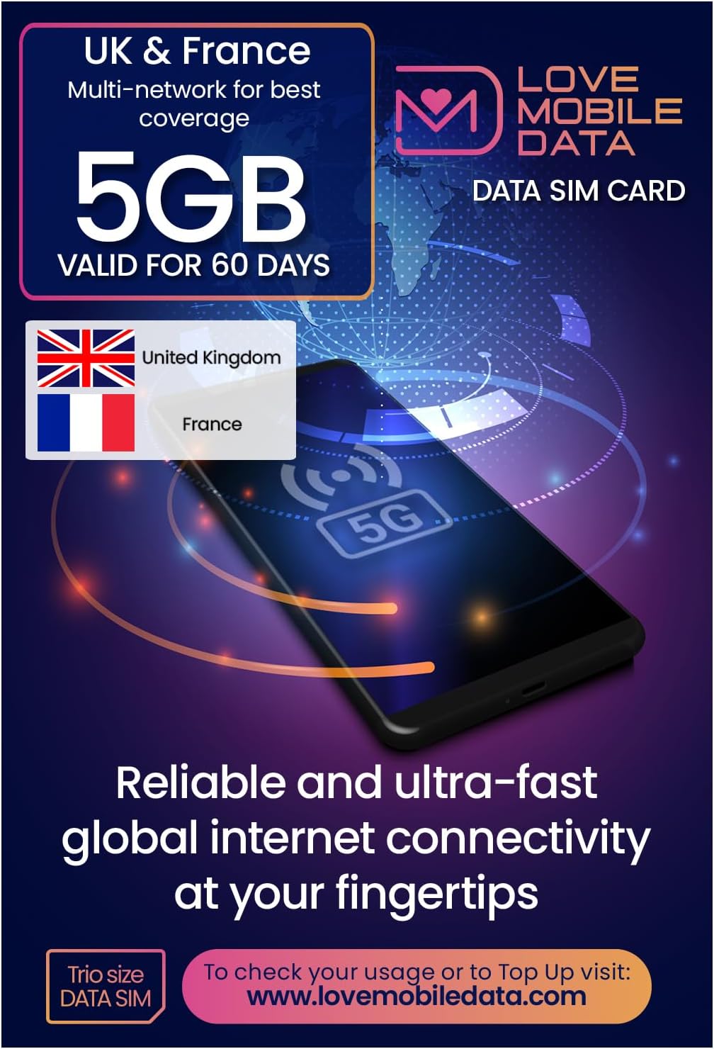 Love Mobile Data Only Sim Card - International Multi-Network 4G/5G Prepaid Pay As You Go Data Sim for Mobile Phones, WiFi Routers, & More, UK & France Coverage, 5GB for 60 Days