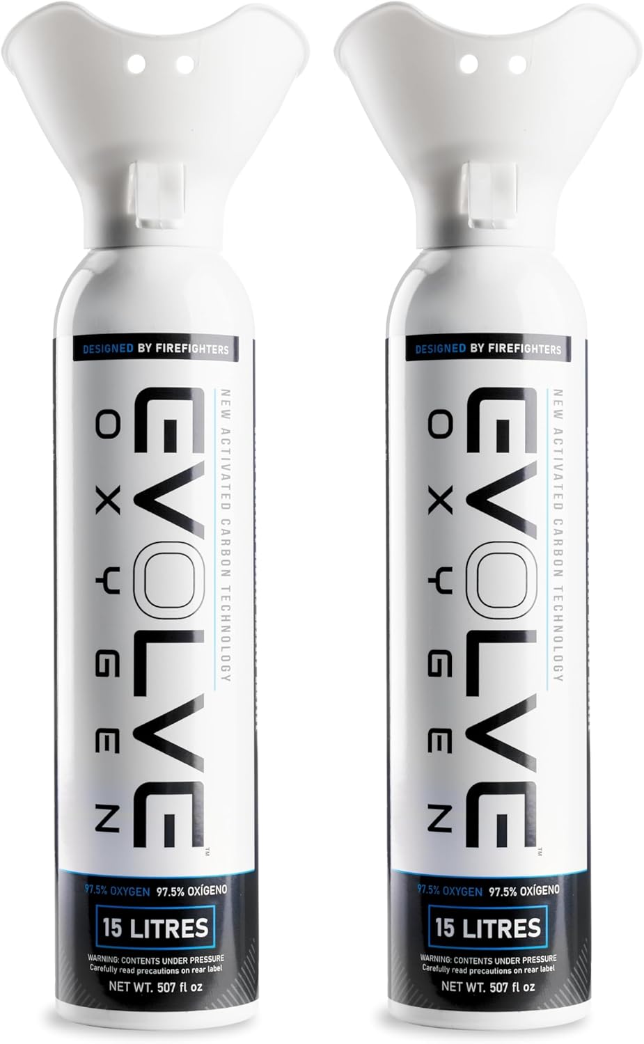 EVOLVE 15-Litre Pure Oxygen Canister with Breathing Cup | Portable Oxygen Can | Ideal for Home Use and Outdoor Activities | Designed by Firefighters | Made in Britain | Pack of 2