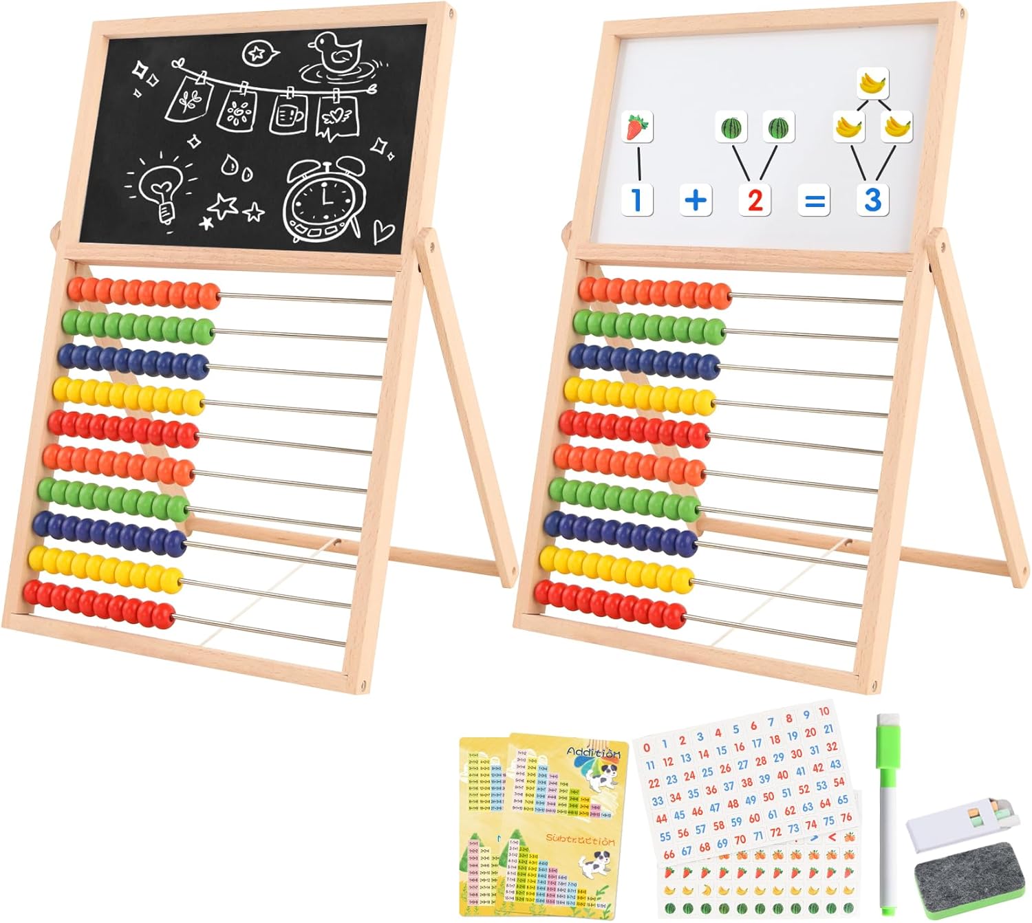 Wooden Abacus for Kids Math - Double-Sided Blackboard Whiteboard Magnetic Abacus for Toddlers 1-3 with 100 Magnetic Number & Fruit Stickers - Educational Counting Games Kids Gift
