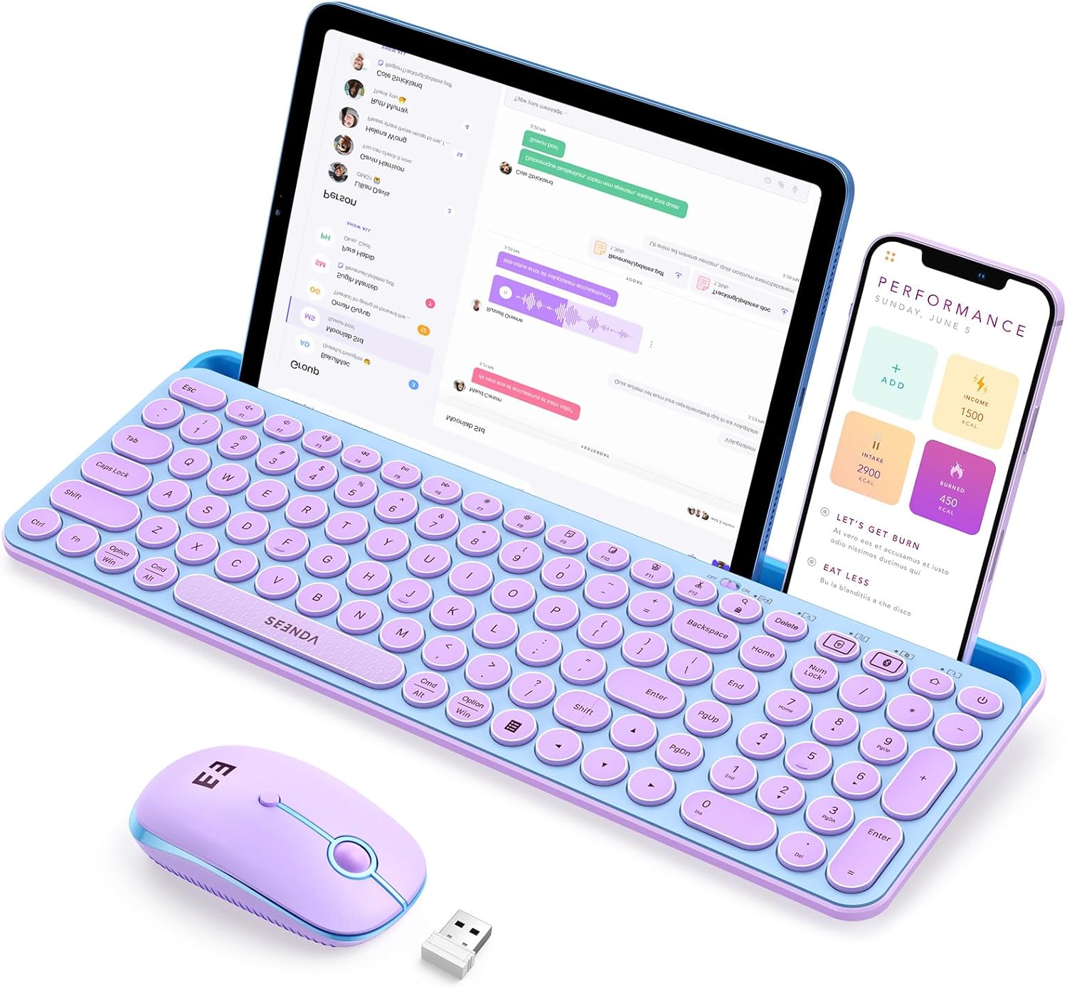 seenda Bluetooth Keyboard and Mouse for iPad, Multi-Device Bluetooth + 2.4G Wireless Keyboard Mouse with Tablet Holder for MacBook/Windows Computer, iOS/Andriod Tablet Phone, Blue & Purple
