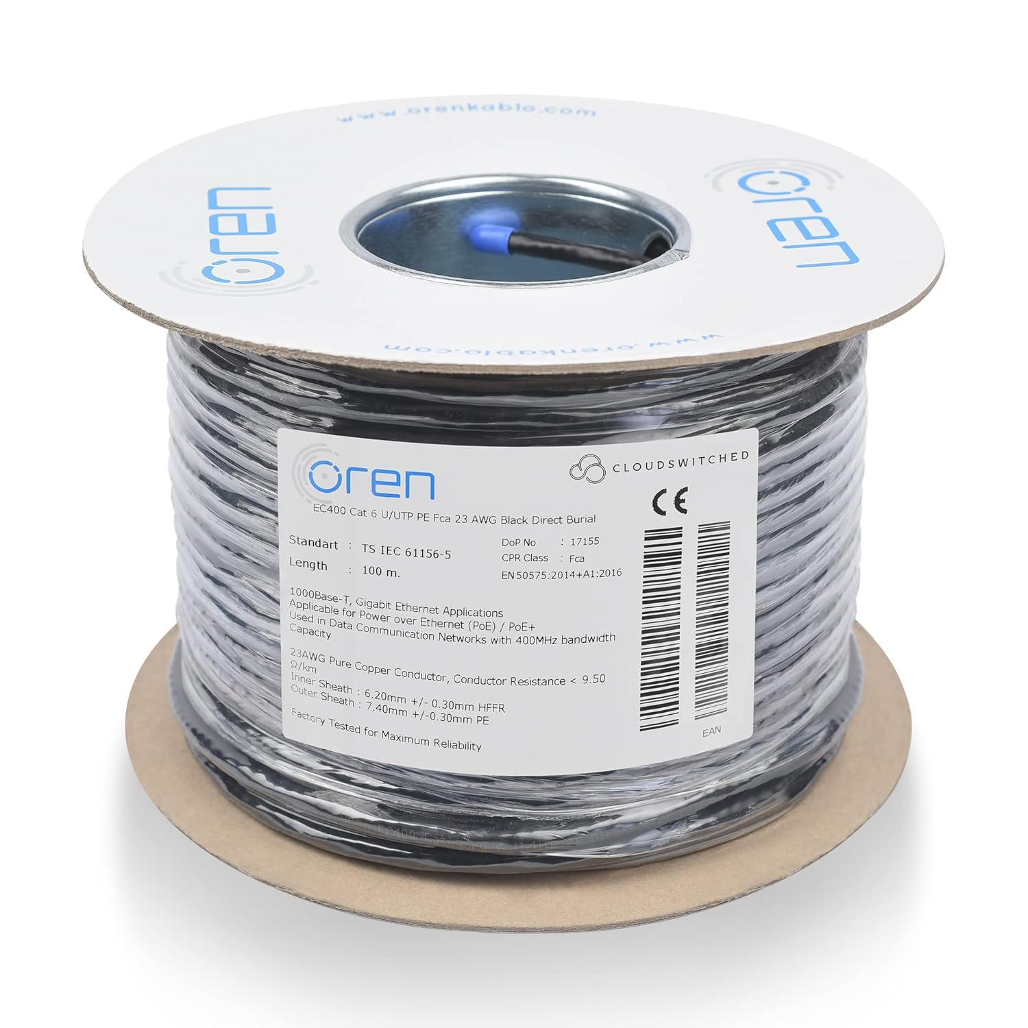 Oren CAT6 Outdoor Ethernet Cable 100m - Direct Burial - 23 AWG Pure Copper Wire - 400 MHz Bandwidth UTP Internet LAN Network Cable - Halogen Free, Non-Corrosive - Gigabit High Speed