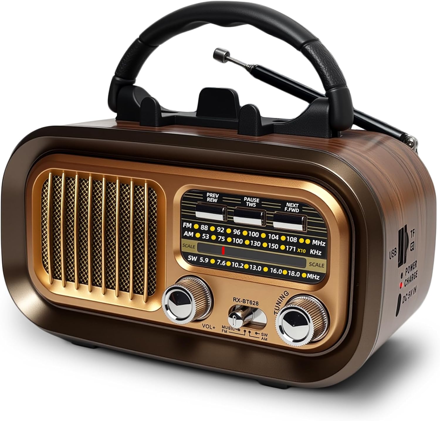 Portable Radio Retro, AM/FM/SW Small Radio Bluetooth, Battery Radio Powered by 1200mAh Rechargeable or D-Cell Batteries, Rechargeable radio Supports USB/TF Card/TWS