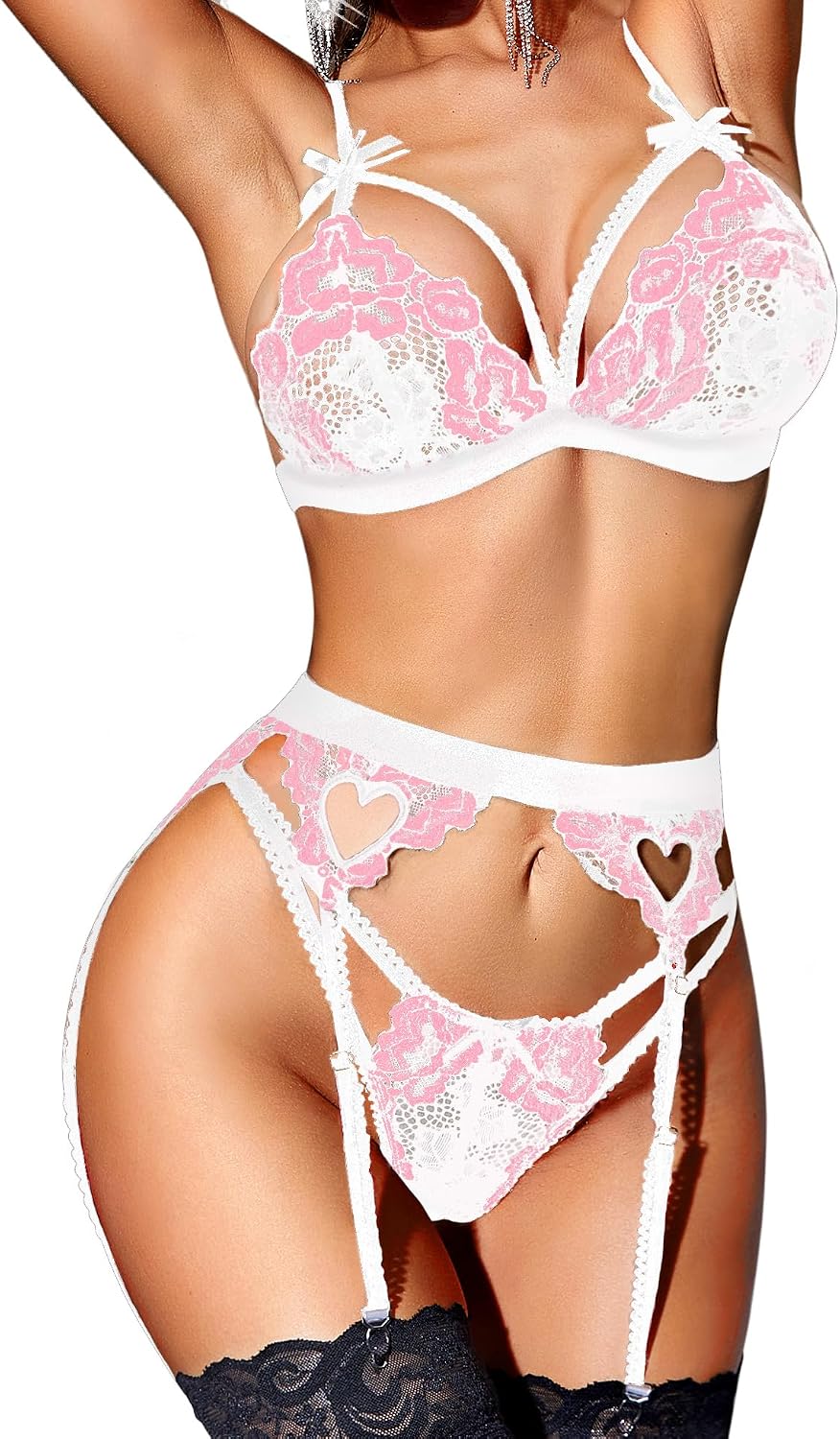 RSLOVE Women Lace Garter Lingerie Set | Heart Cutout Lace Design, Adjustable Fit, Soft Stretch Fabric, 3 Piece Romantic Lingerie Set