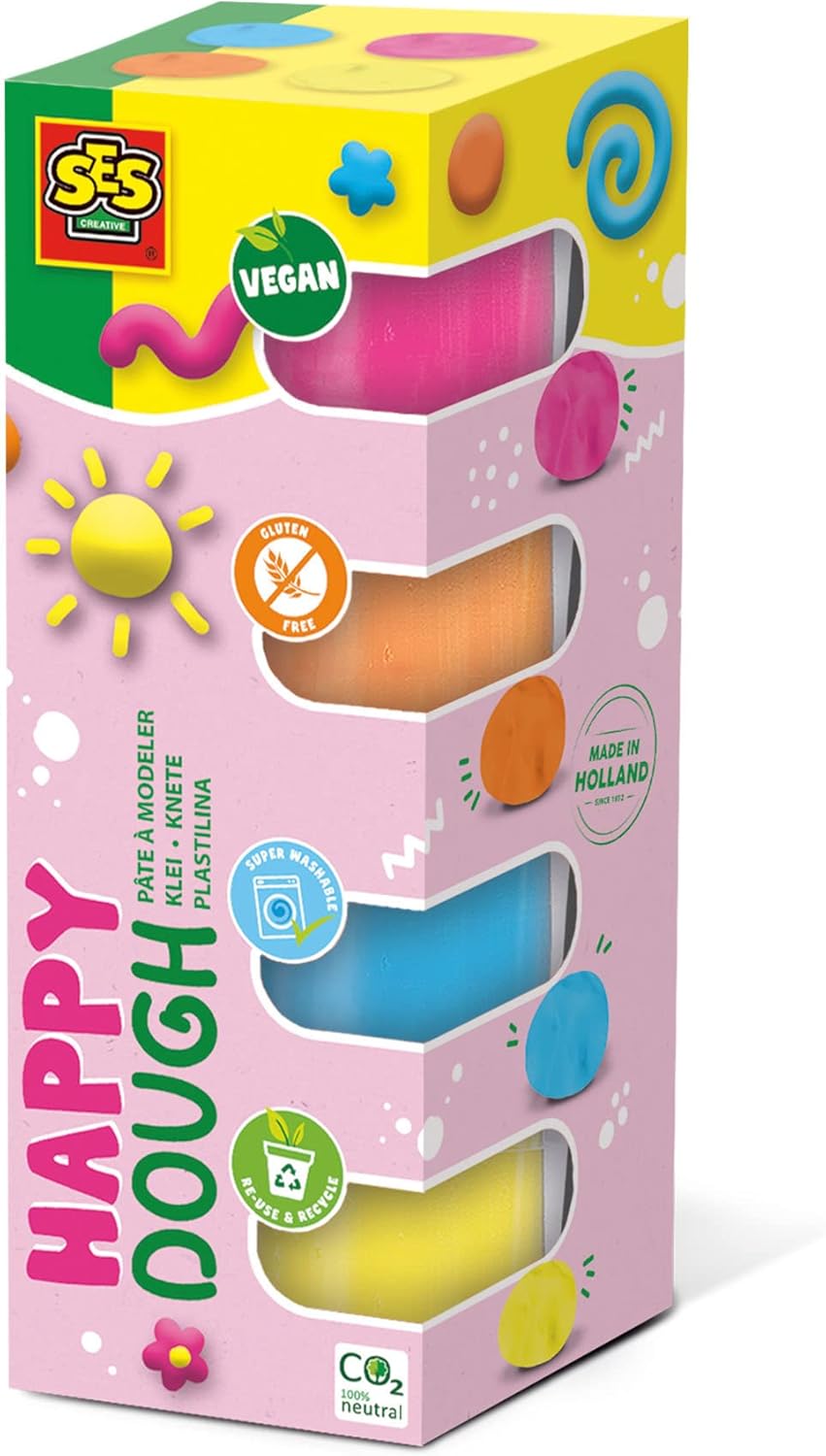SES Creative 00512 926 Feel Good Happy Vegan Gluten-Free Play Dough, for 1 Year olds, Hot Pink, Light Blue, Orange, Yellow