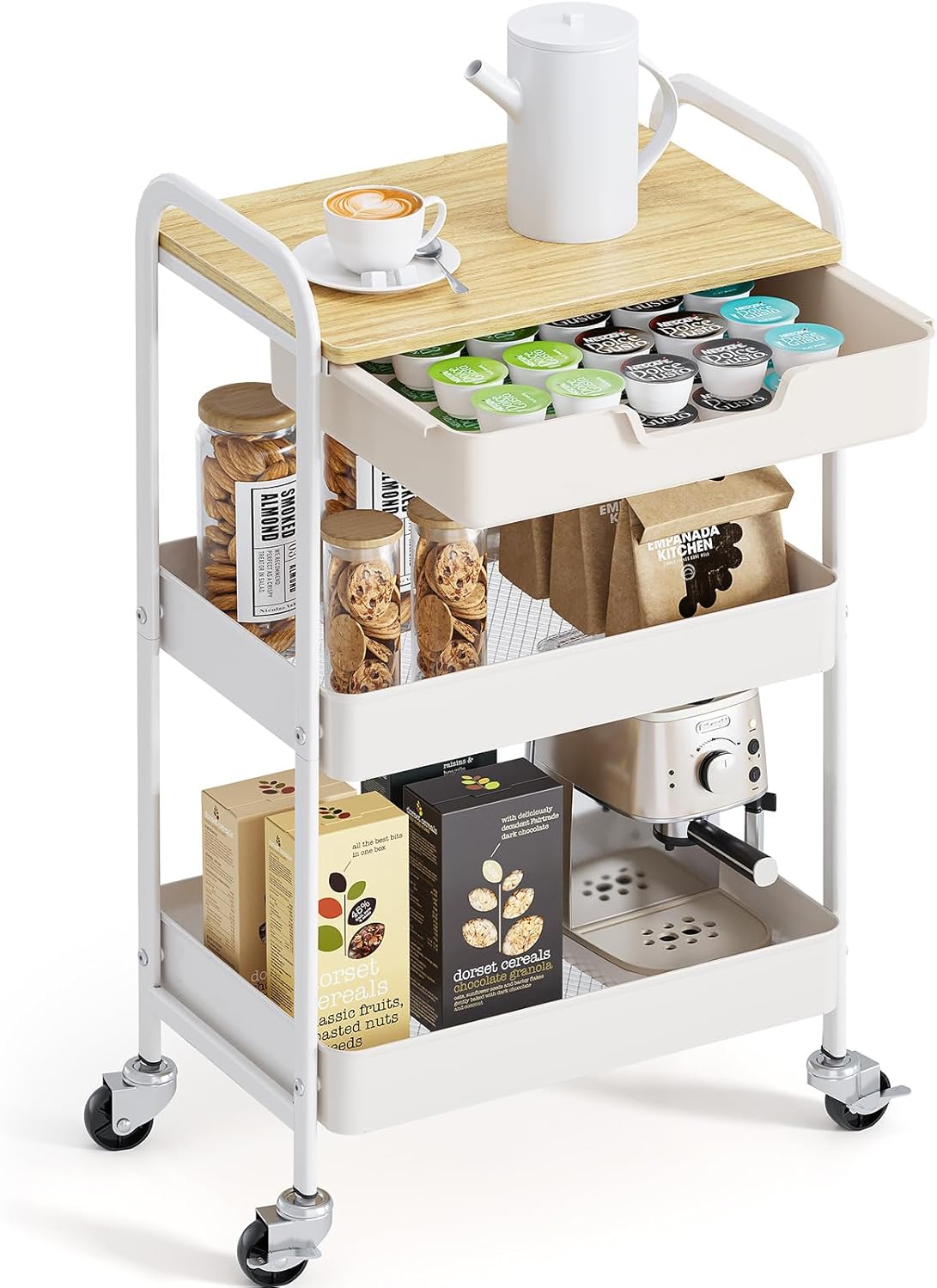 KINGRACK Rolling cart, 3-Tier Utility Storage Trolley with Wooden Board and Drawer (Natural)