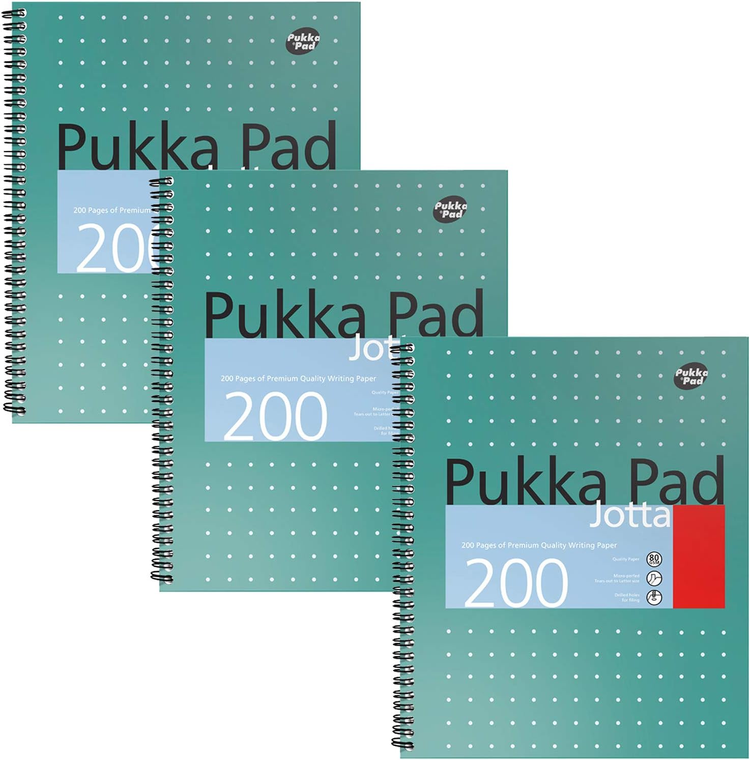 Pukka Pad, US Letter Size Jotta Notebook - 200 Pages of 80GSM Paper with 8mm Lines and Perforated Edges – 3-Pack – Metallic Green, 11 x 8.5in