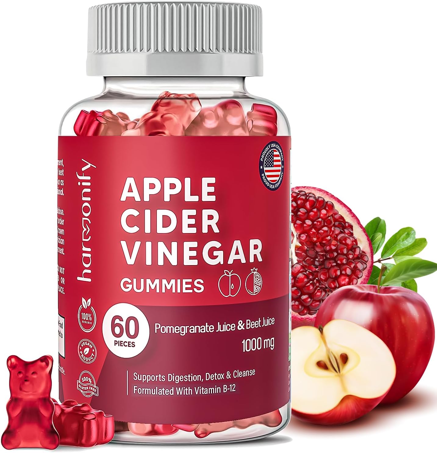 Apple Cider Vinegar Gummies with Pomegranate Beet Juice, Vinagre De Manzana Capsulas & Gomitas, Formulated with Vitamin B12, 1000 mg Vitamins - 30 Days Servings