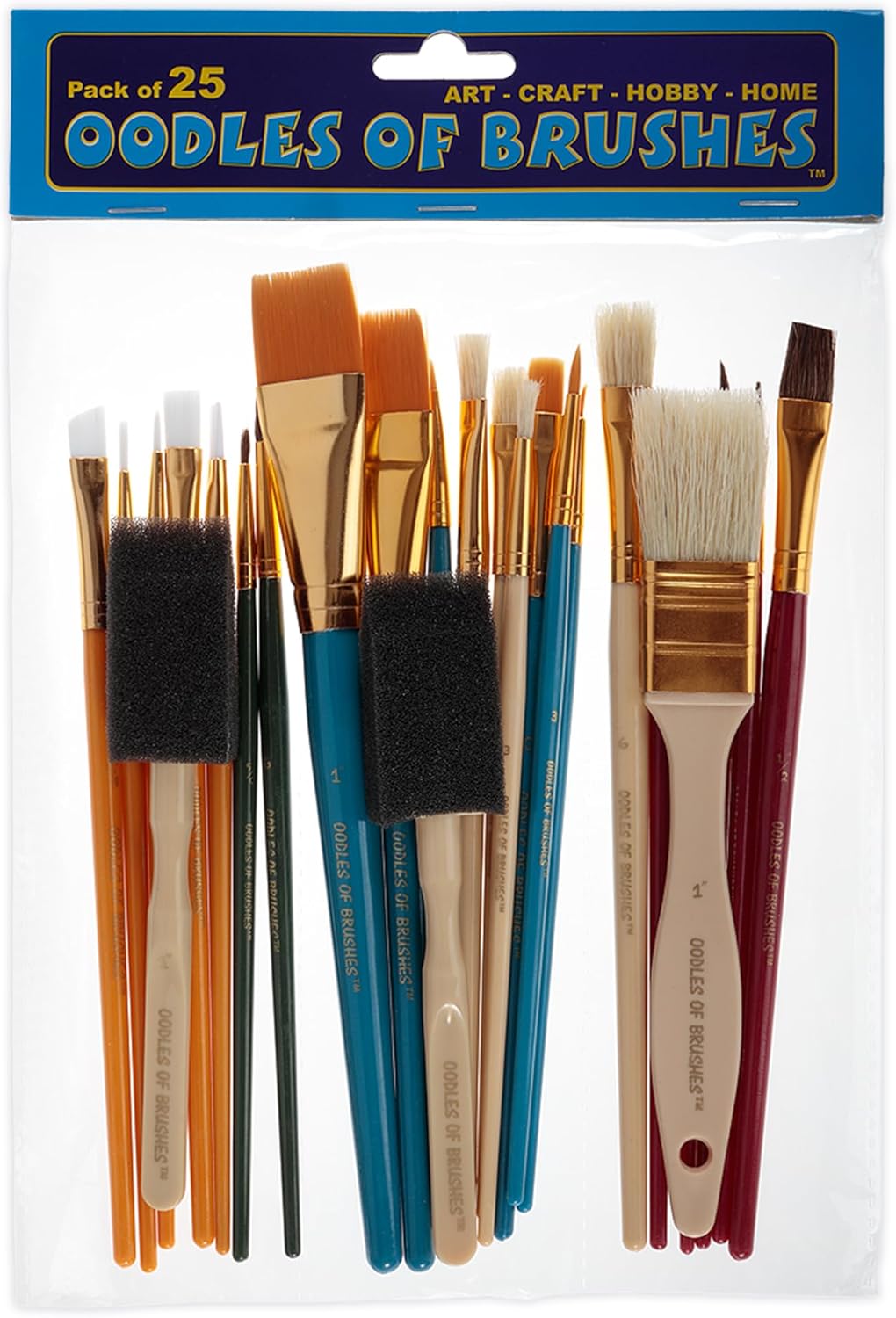 Oodles of Brushes Economical Art Brush Set of 25 - Balanced Assortment of Economical Brushes for Art, Craft, Hobby and Home