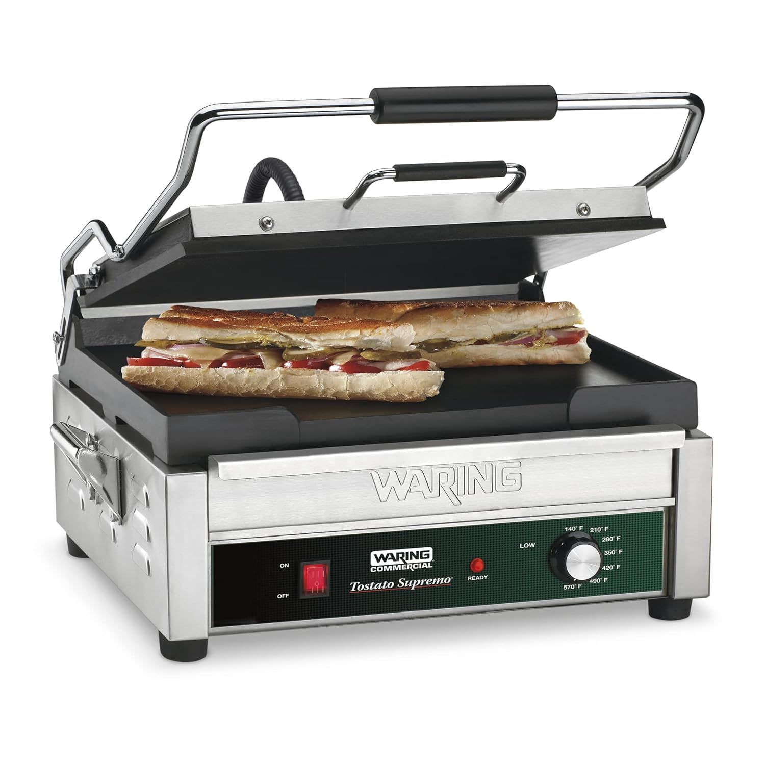 Waring Commercial WFG275T Full Sized 14" x 14" Flat Toasting Grill, 20 Minute Countdown Timer, 120V, 1800W, 5-15 Phase Plug