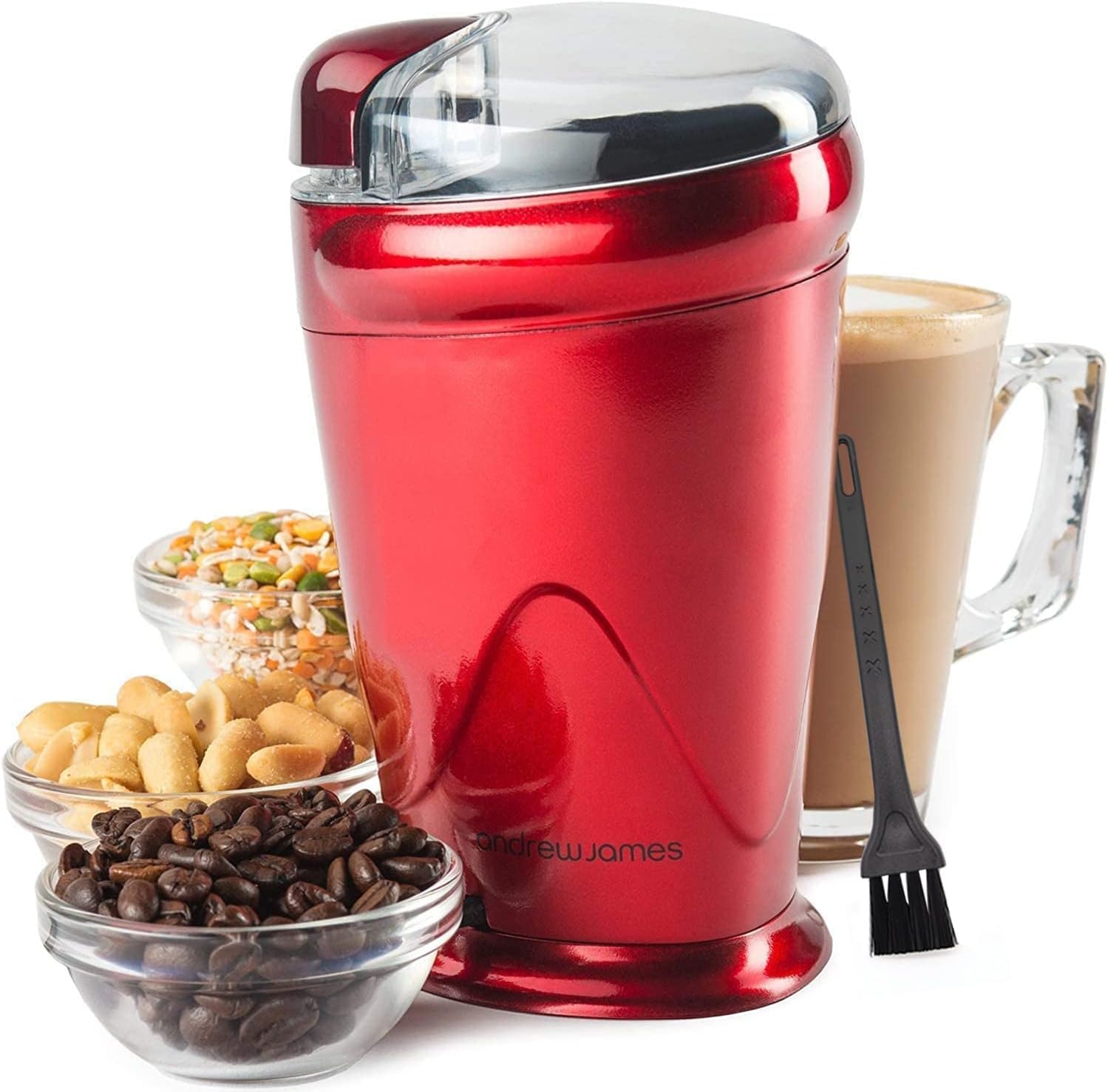 Andrew James Electric Coffee Grinder, Bean, Nut & Spice Grinder, Powerful Compact Grinder for Home Kitchen, One Touch Operation 150w with 70g Basin, Includes Cleaning Brush (Red)