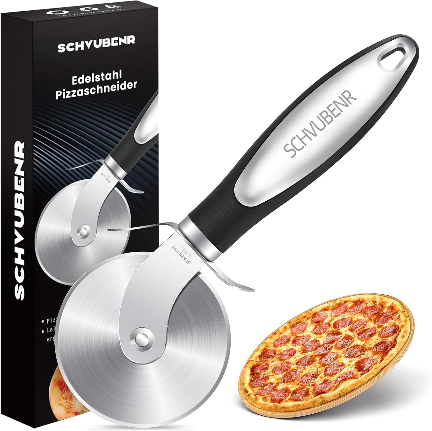 SCHVUBENR Premium Pizza Cutter Wheel - Stainless Steel Sharp Pizza Slicer - Easy to Cut & Clean - Handle Large & Small Pizza - Dishwasher Safe - Black