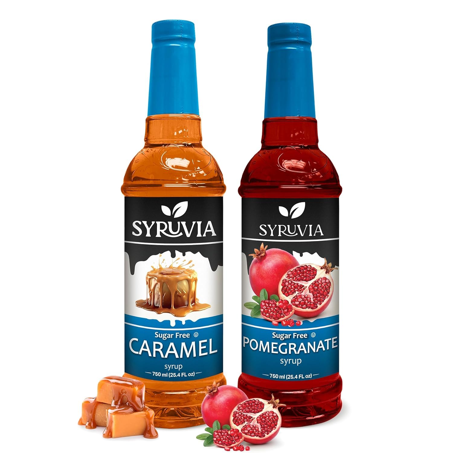 Syruvia Sugar Free Caramel Coffee Syrup & Sugar-Free Pomegranate Syrup - 25.4 fl oz. Premium Flavoring Syrup. 0 Calories, Kosher & Gluten-Free. Ideal for Enhancing Tea, Desserts, Cocktails & Mocktails