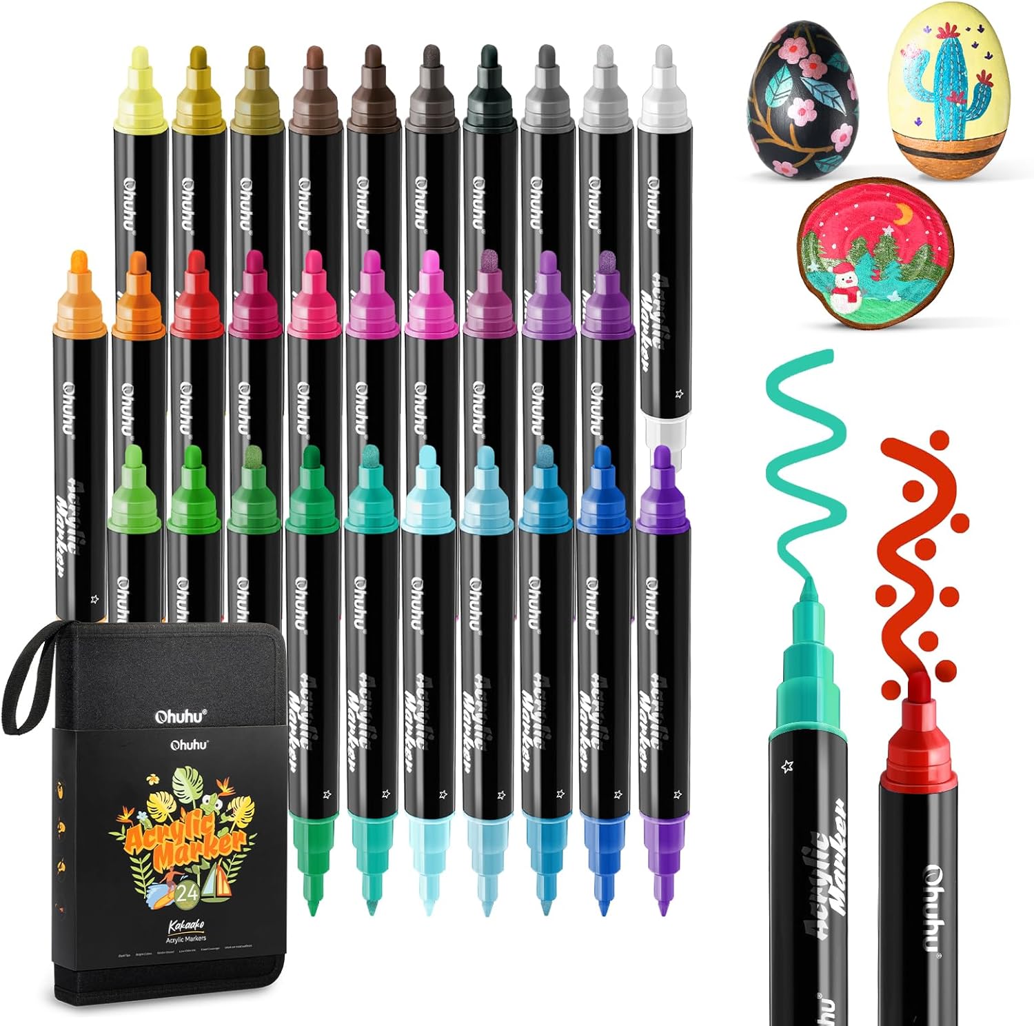 Ohuhu Acrylic Paint Pens 30 Colours, Dual Tip(3mm & 0.7mm) Acrylic Paint Markers - Waterproof Lightfast High Opacity Permanent Multimarker for stones Painting Wood Glass Ceramic Easter Eggs Pumpkin