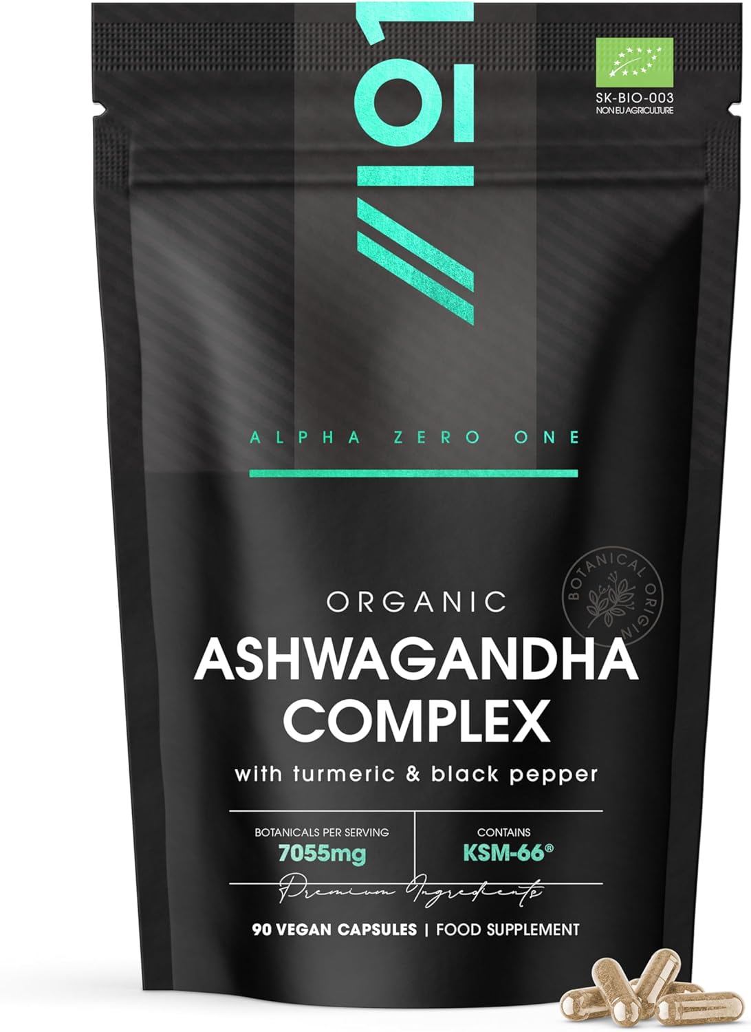 Organic Ashwagandha Complex 7055mg - KSM-66® with Turmeric & Black Pepper - 22.5mg Withanolides - Most Bioavailable Full-Spectrum Root Extract - Not Tablets or Powder - 90 Vegan Capsules by Alpha01