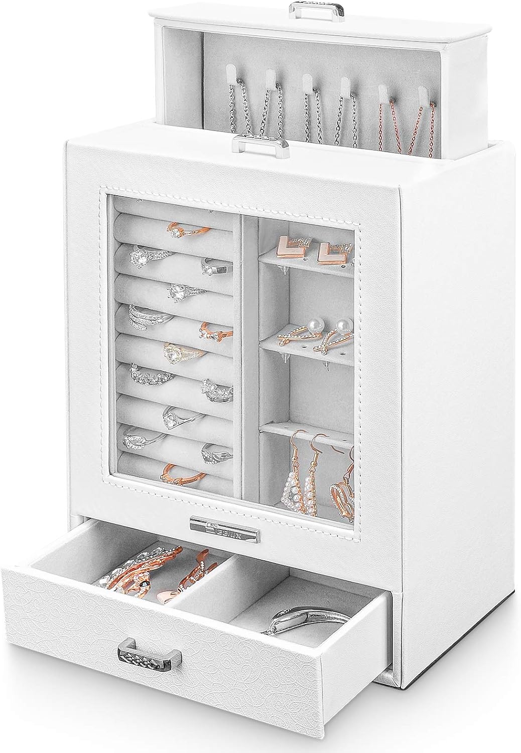 Yorbay Seelux jewellery box, jewellery box with 3 drawers, case with glass window, for necklaces, rings, bracelets, earrings (White)