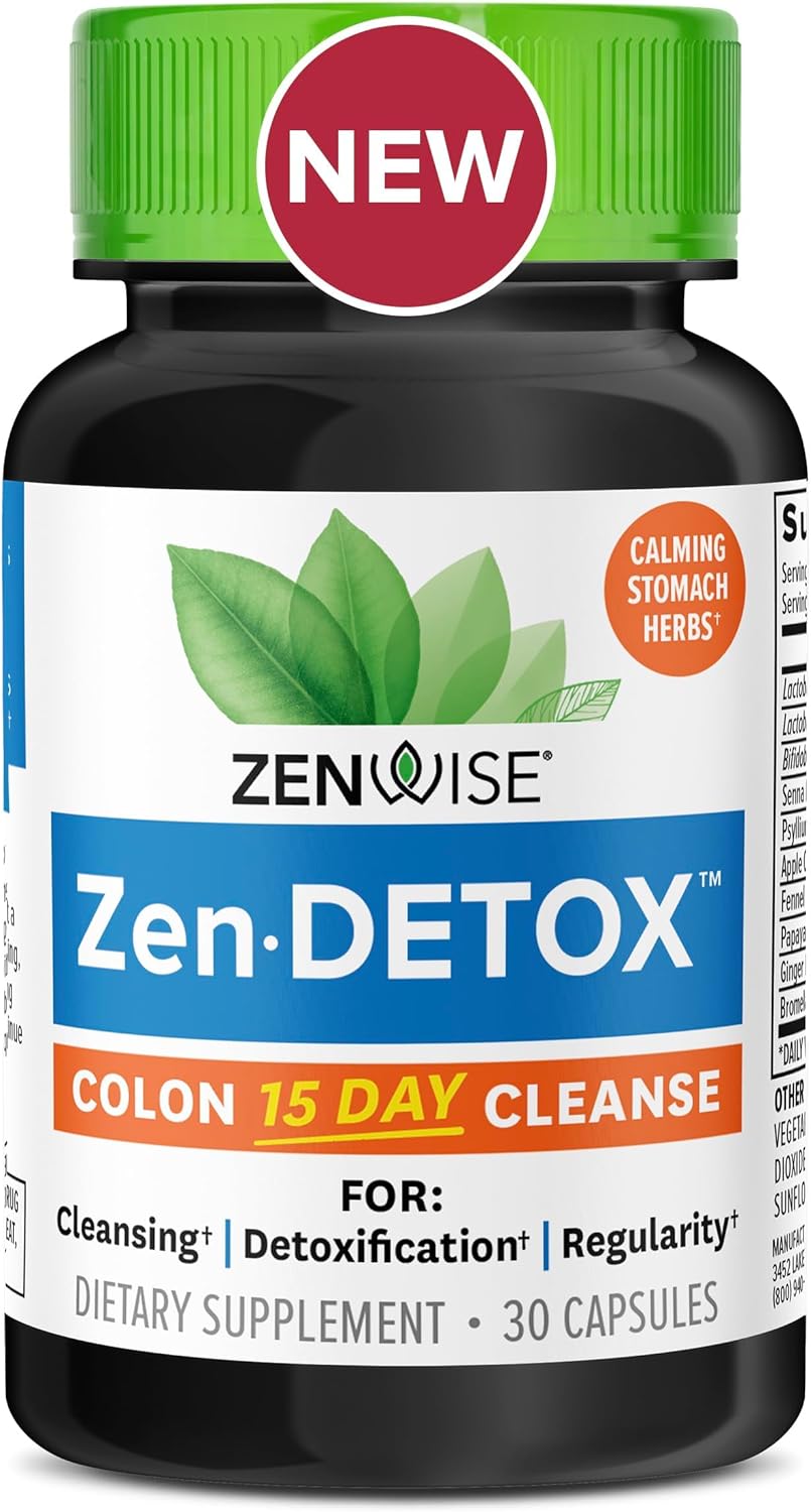 Zenwise Health 15-Day Colon Detox Cleanse for Digestive Health - Gut Detox Pills for Digestion & Bloating Relief - Herbal Blend with Psyllium Husk, Senna Leaf, Bromelain, ACV & Probiotics - 30 Count