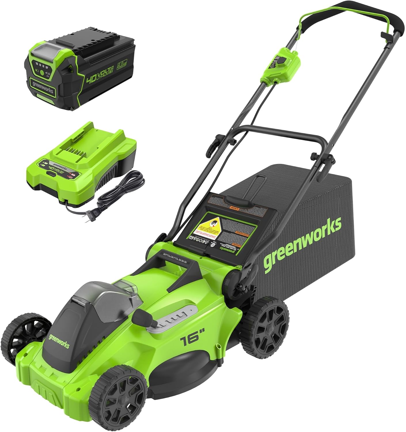 Greenworks 40V 16" Brushless Cordless (Push) Lawn Mower (75+ Compatible Tools), 4.0Ah Battery and Charger Included