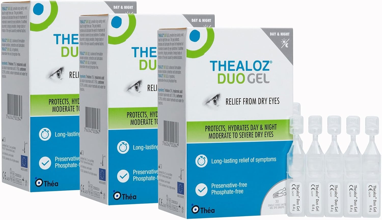 90 Thealoz Duo Gel (Single Dose Vials) Eye Drops - Long-Lasting Relief Day & Night for Dry, Tired & Sore Eyes | Gentle, Preservative-Free Gel | 30 Single Dose Units x 3 Packs