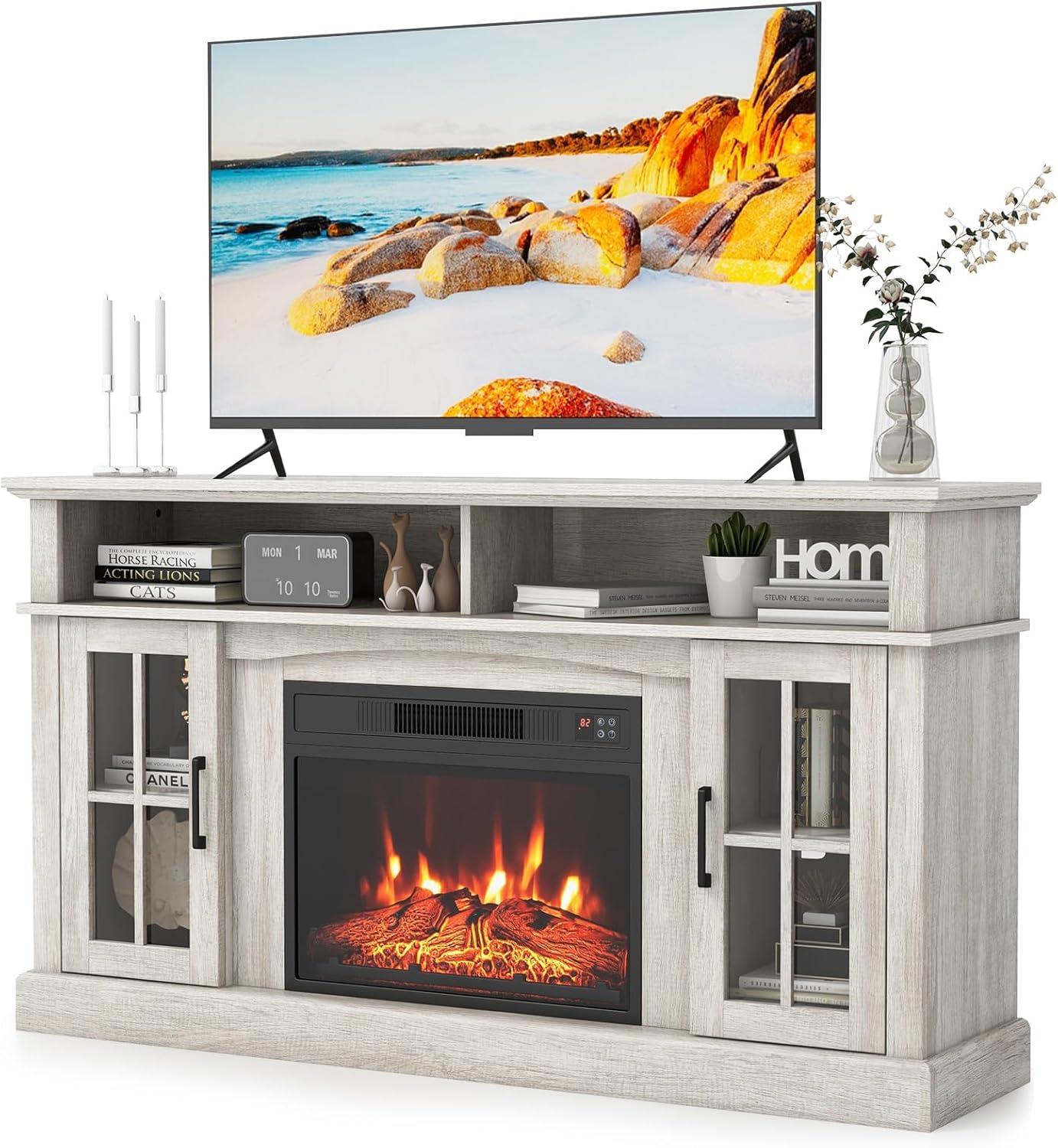 TANGZON Electric Fireplace Insert TV Stand, Freestanding Media Console Table Entertainment Center with 1800-2000W Heater & Remote Control (Gray, 23" Fireplace,148x40x82cm for 65" TV)