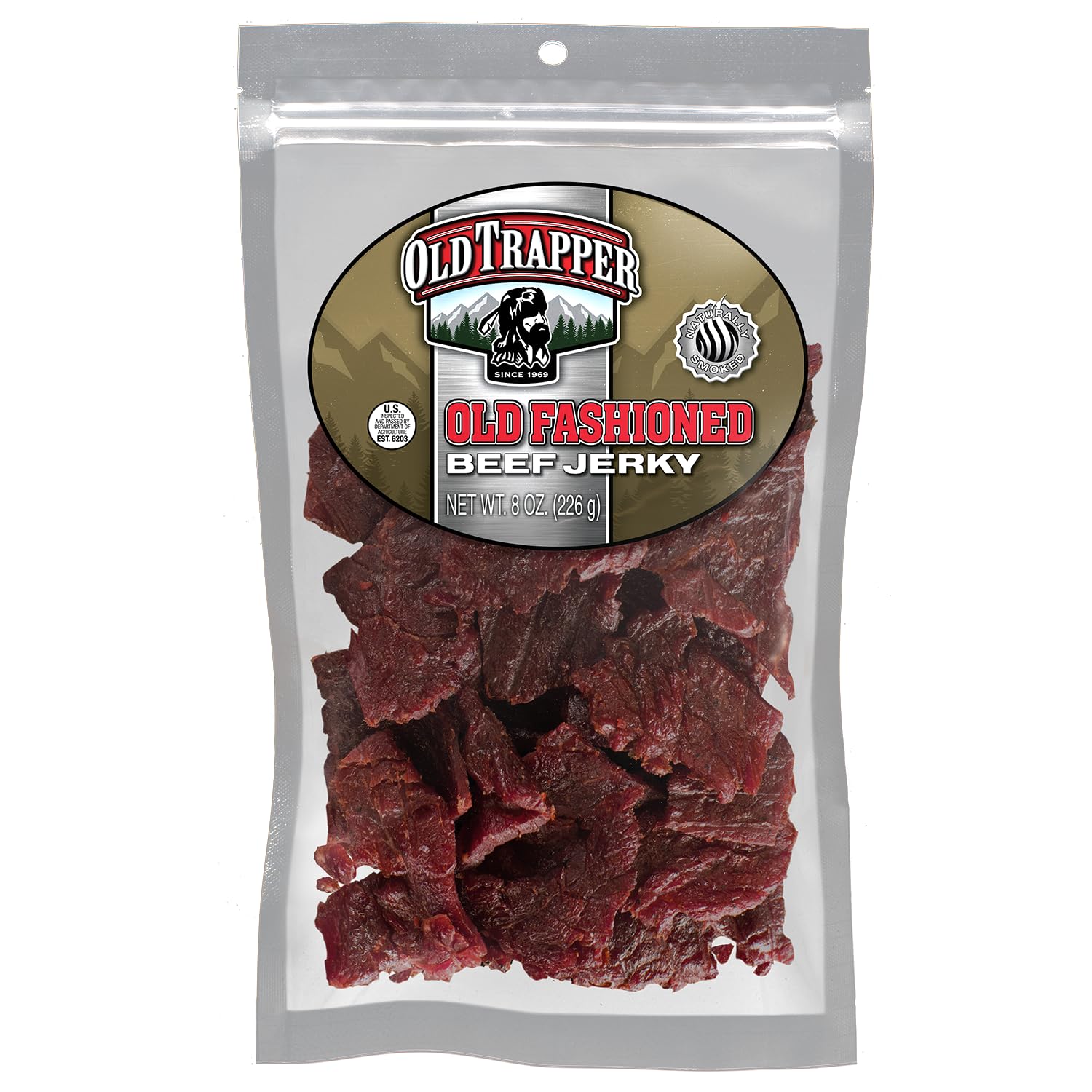 Old Trapper Beef Jerky, Old-Fashioned 8 Ounce Bag, Tender Meat Snacks for Lunches or Between Meals, 11 Grams of Protein, Zero Grams of Fat, and 70 Calories per Serving (Pack of One)